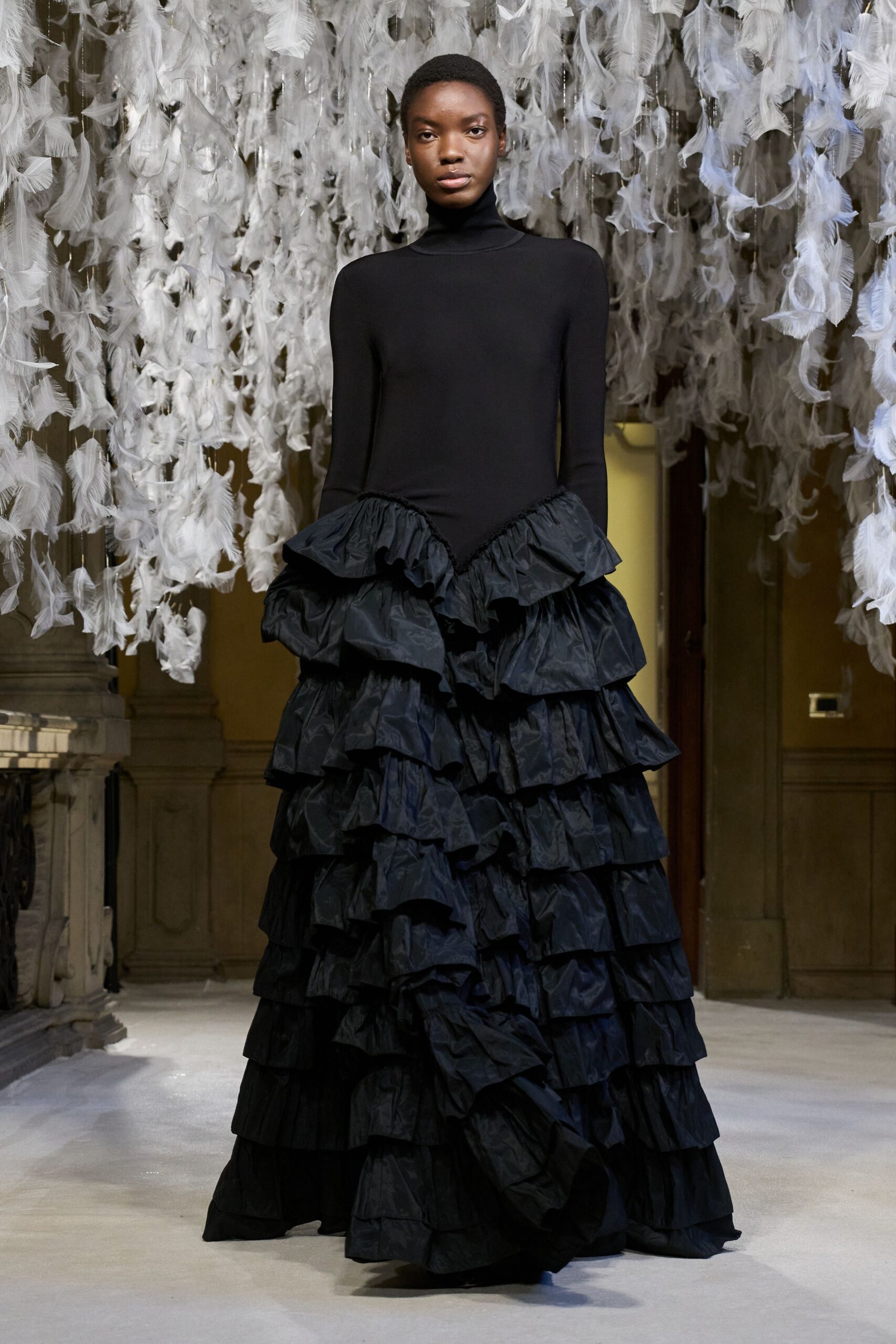 black ruffled maxi gown