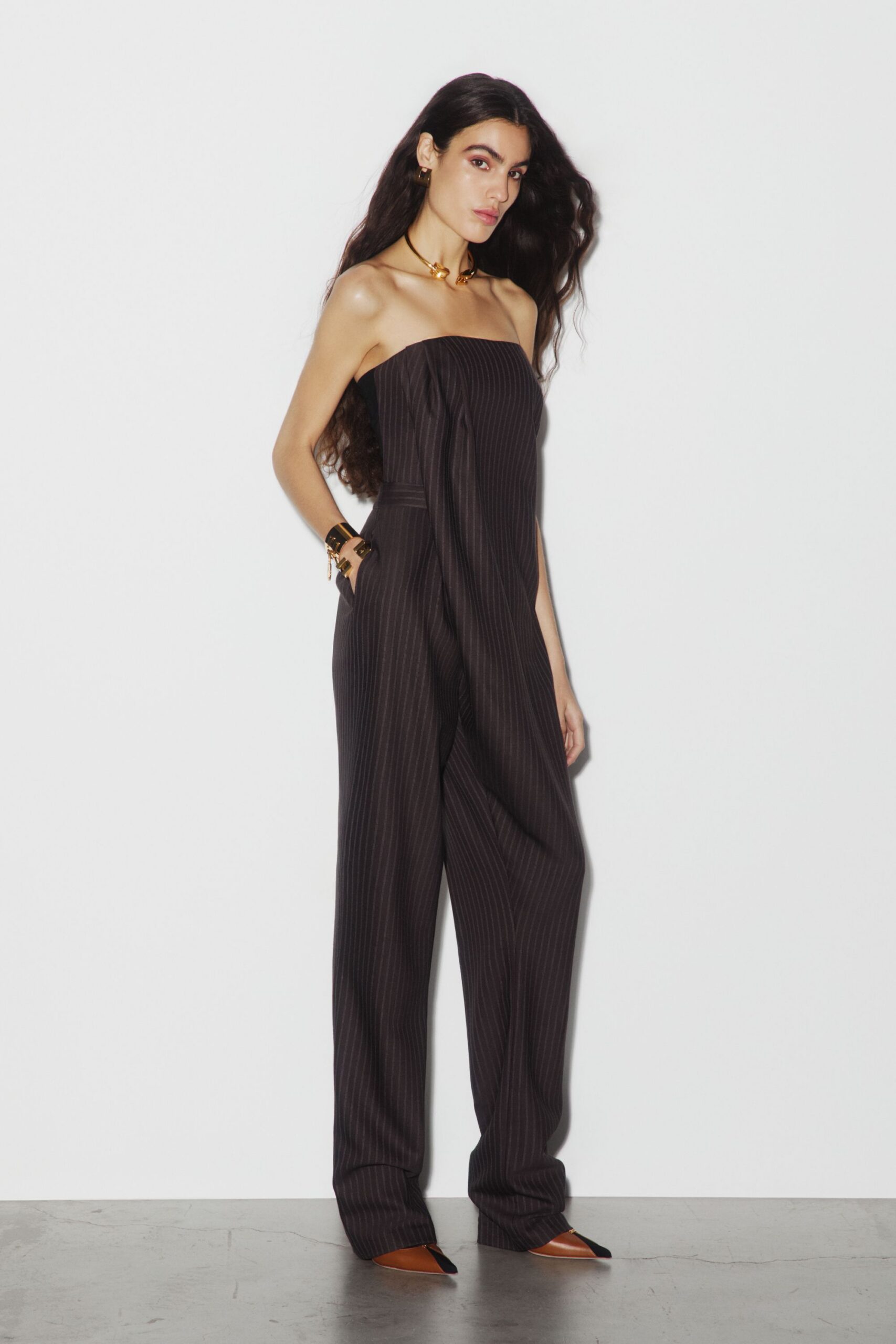 black cotton strapless relaxed striped pockets jumpsuit