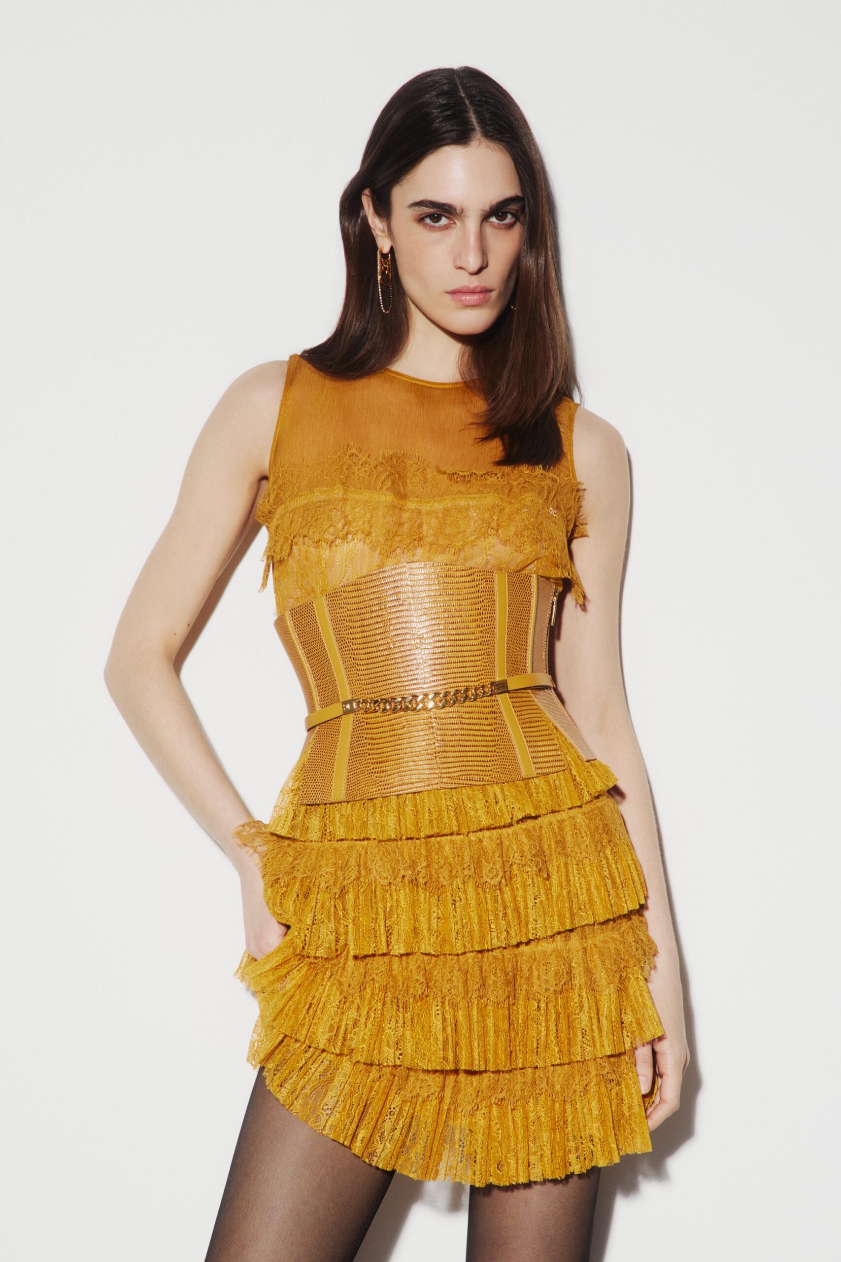 yellow lace sleeveless high-neck fitted ruffled tiered dress
