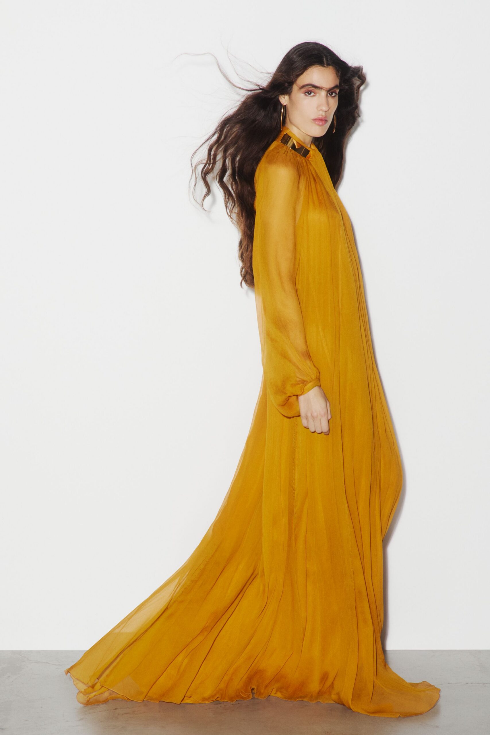 yellow silk long-sleeve gown