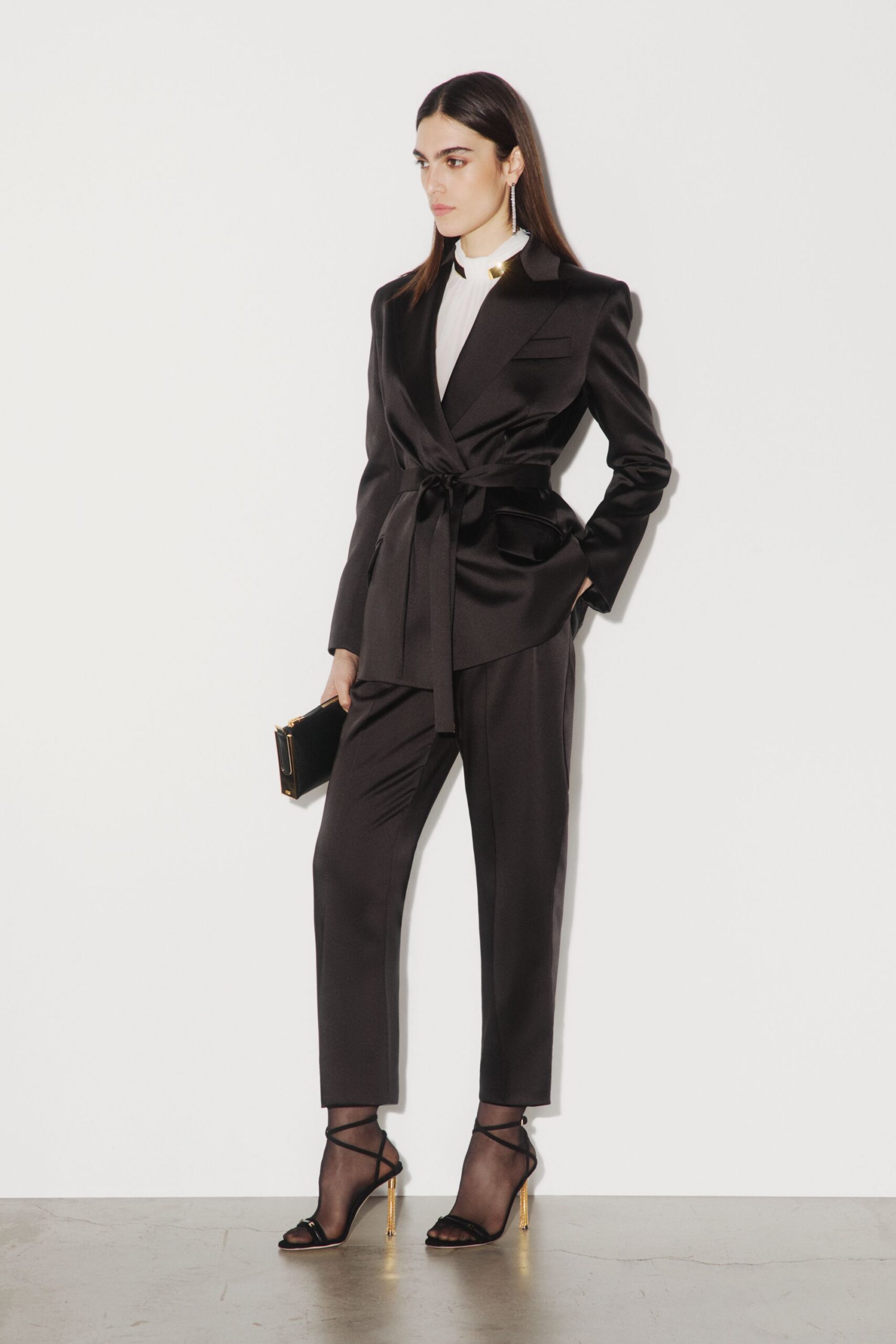 black silk long-sleeve collared tailored belted blazer