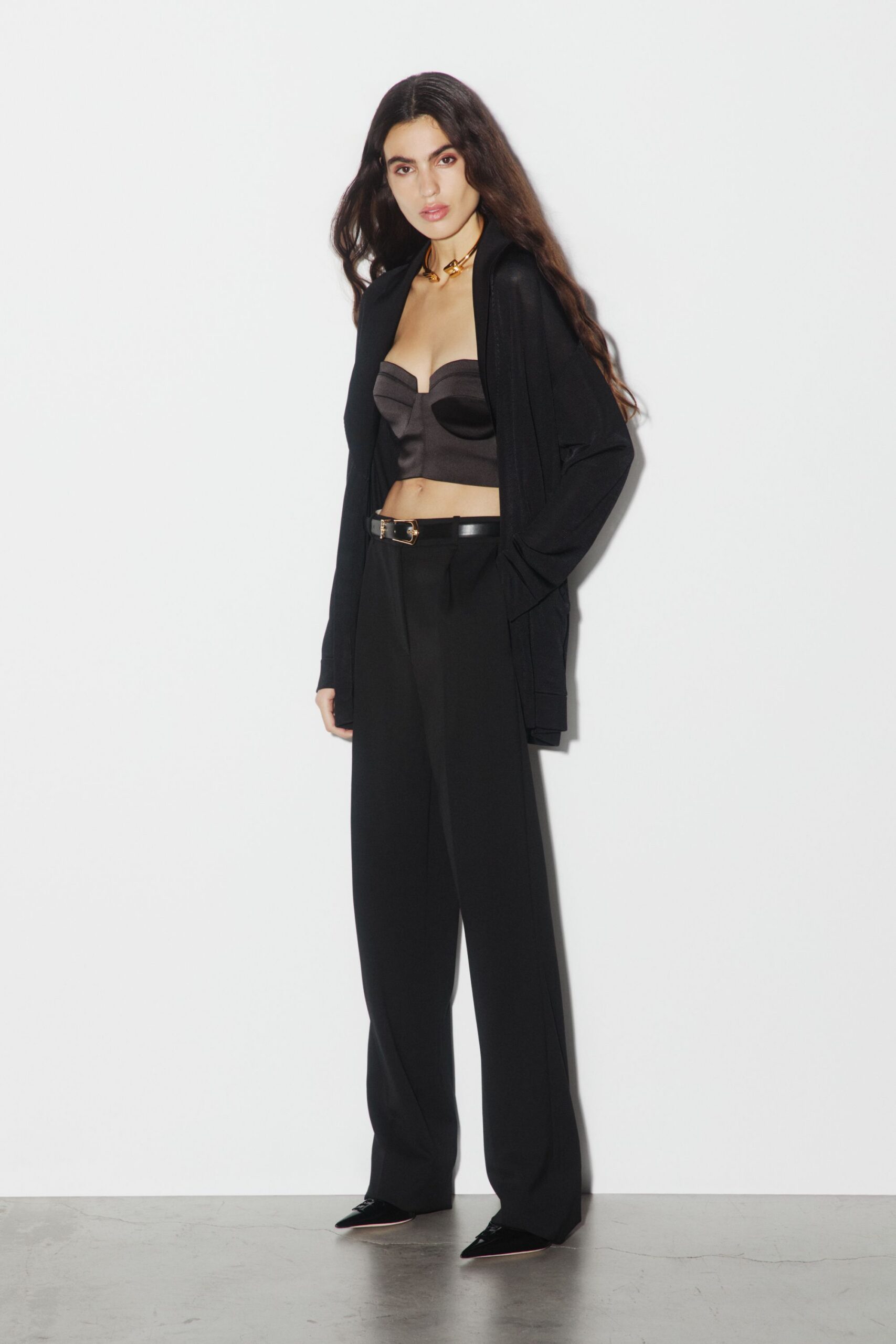black cotton tailored wide-leg pants