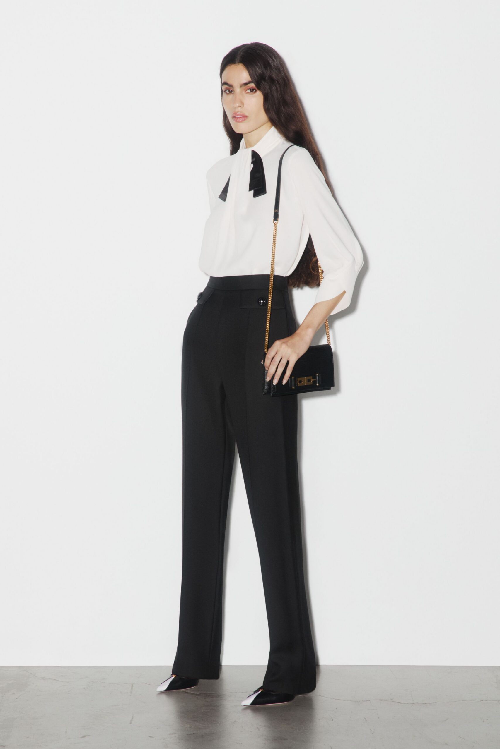 white silk long-sleeve collared fitted pleated blouse