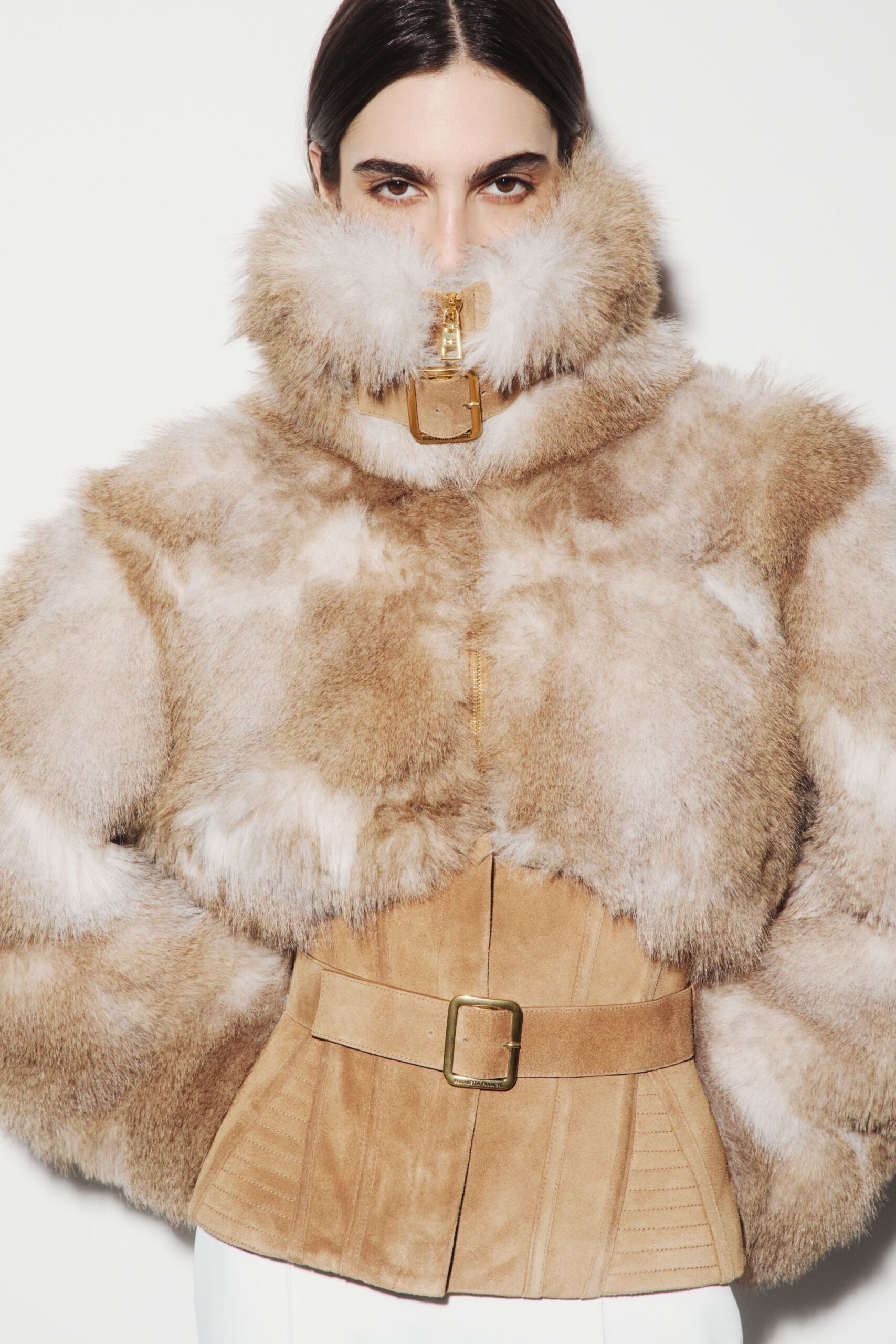 beige fur coat with belt