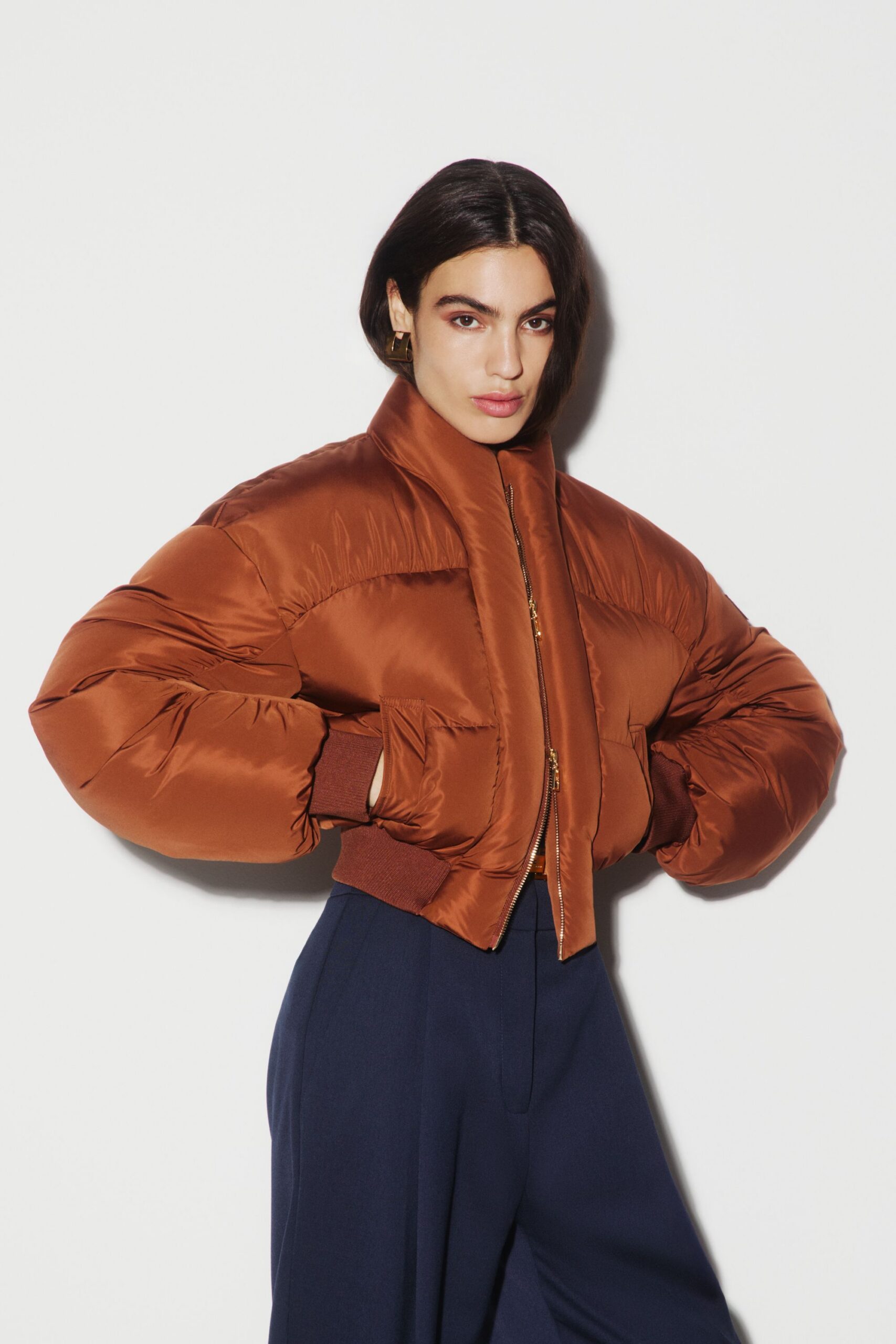 brown satin long-sleeve collared fitted zippered cropped jacket