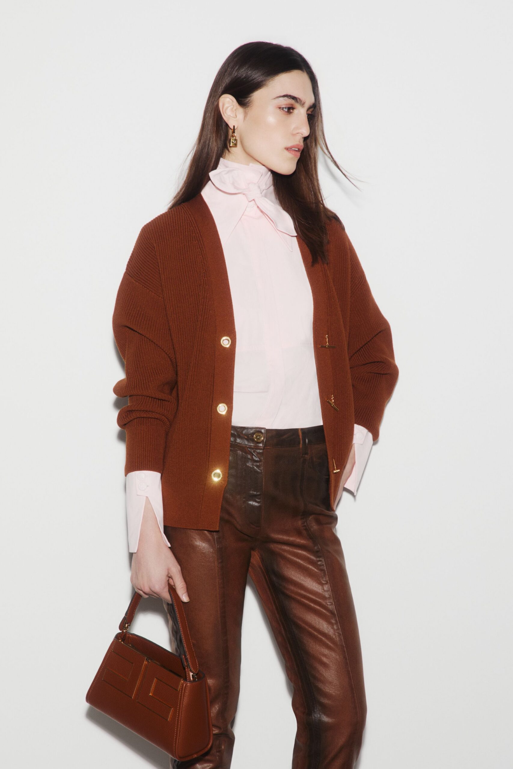 brown leather fitted straight-leg pants