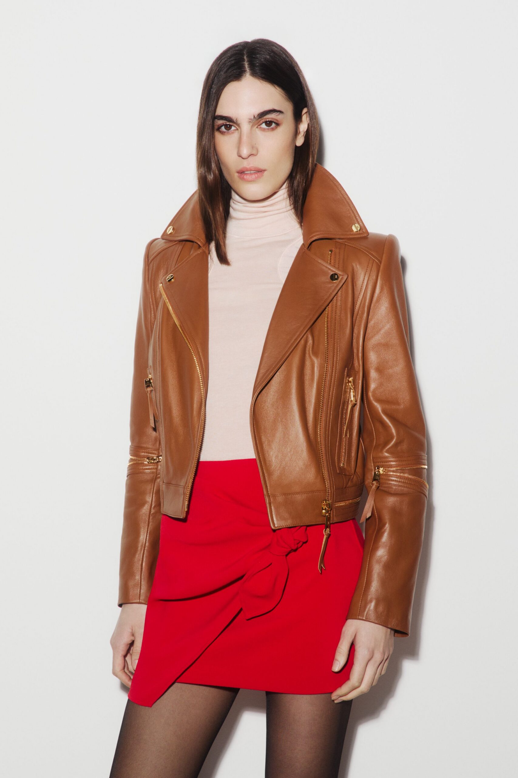 brown leather long-sleeve collared fitted zippered jacket