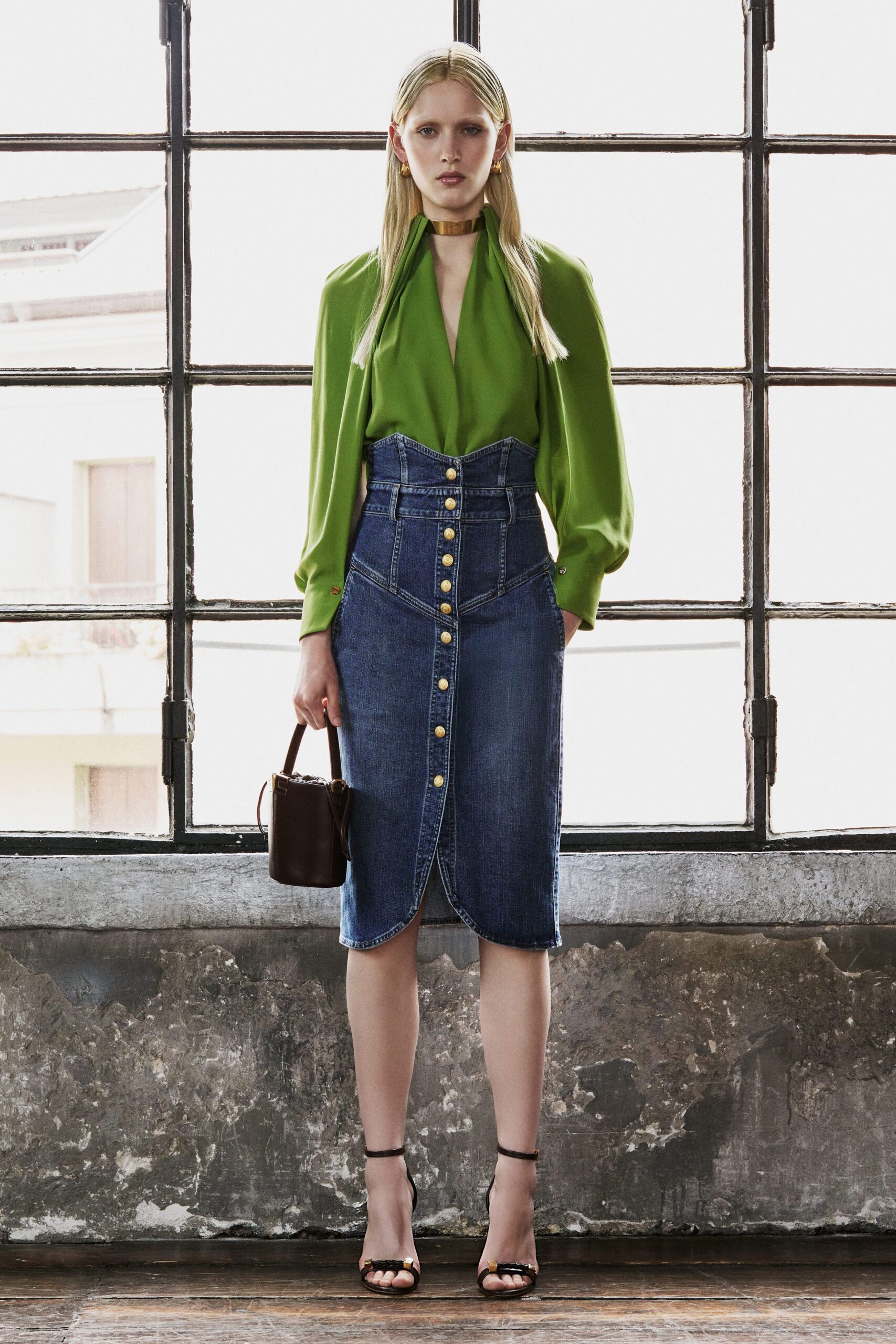 green silk long-sleeve v-neck fitted blouse