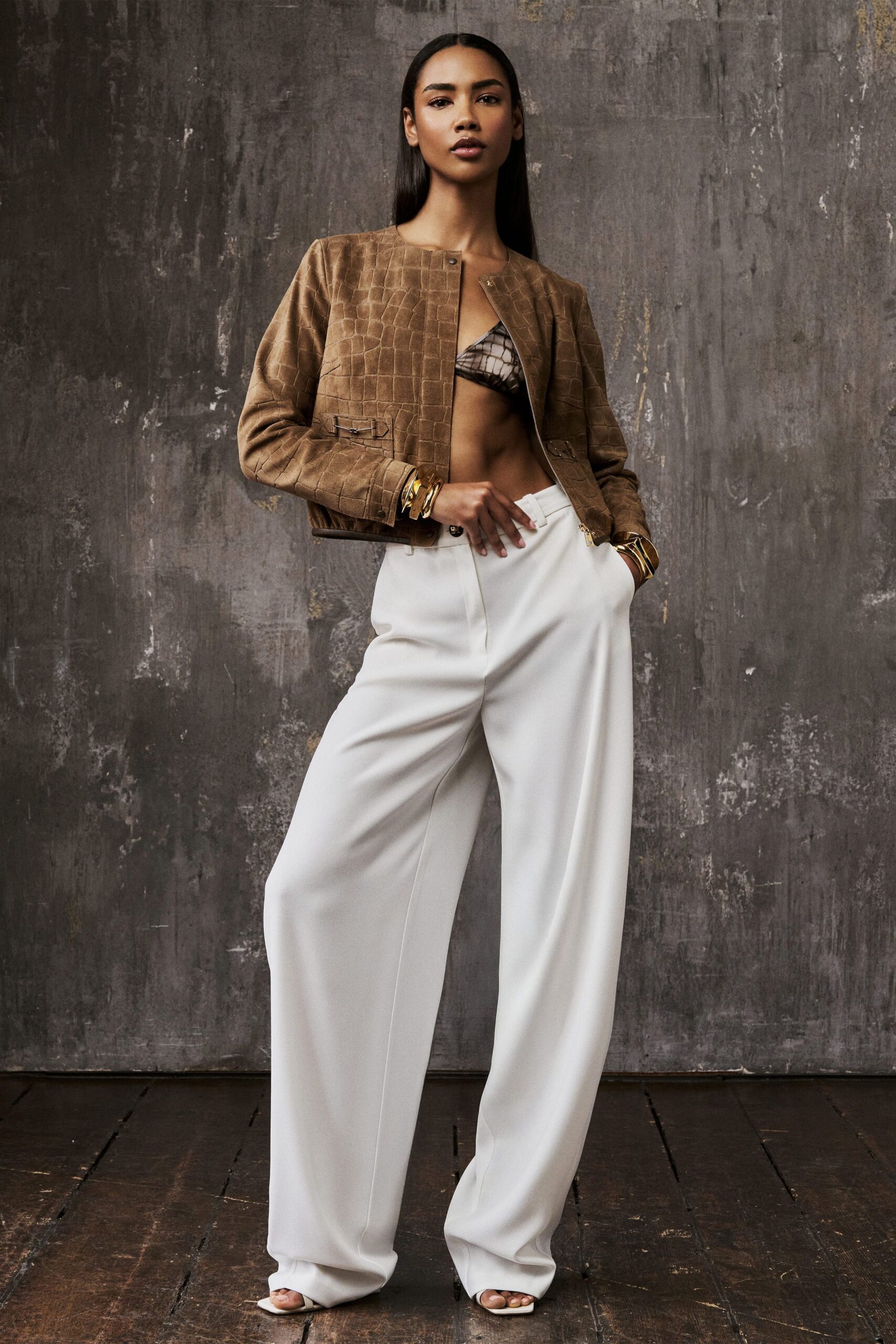 brown suede long-sleeve collared fitted textured jacket