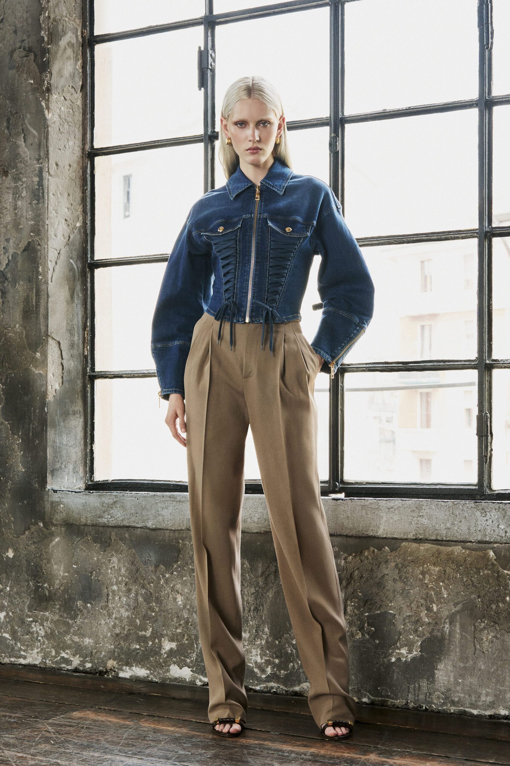 blue denim long-sleeve collared fitted zippered ruched jacket
