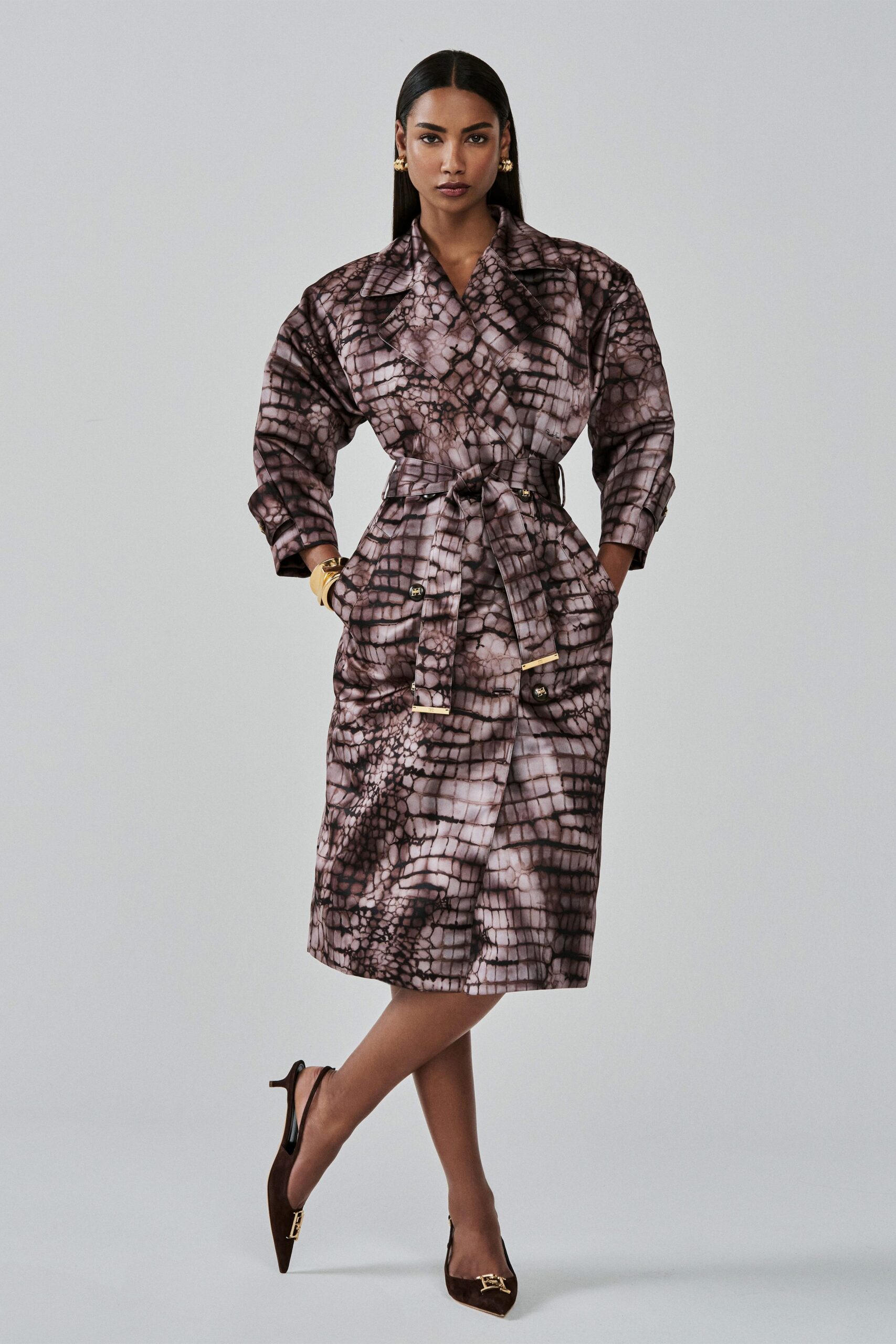 brown silk long-sleeve collared fitted belted printed dress