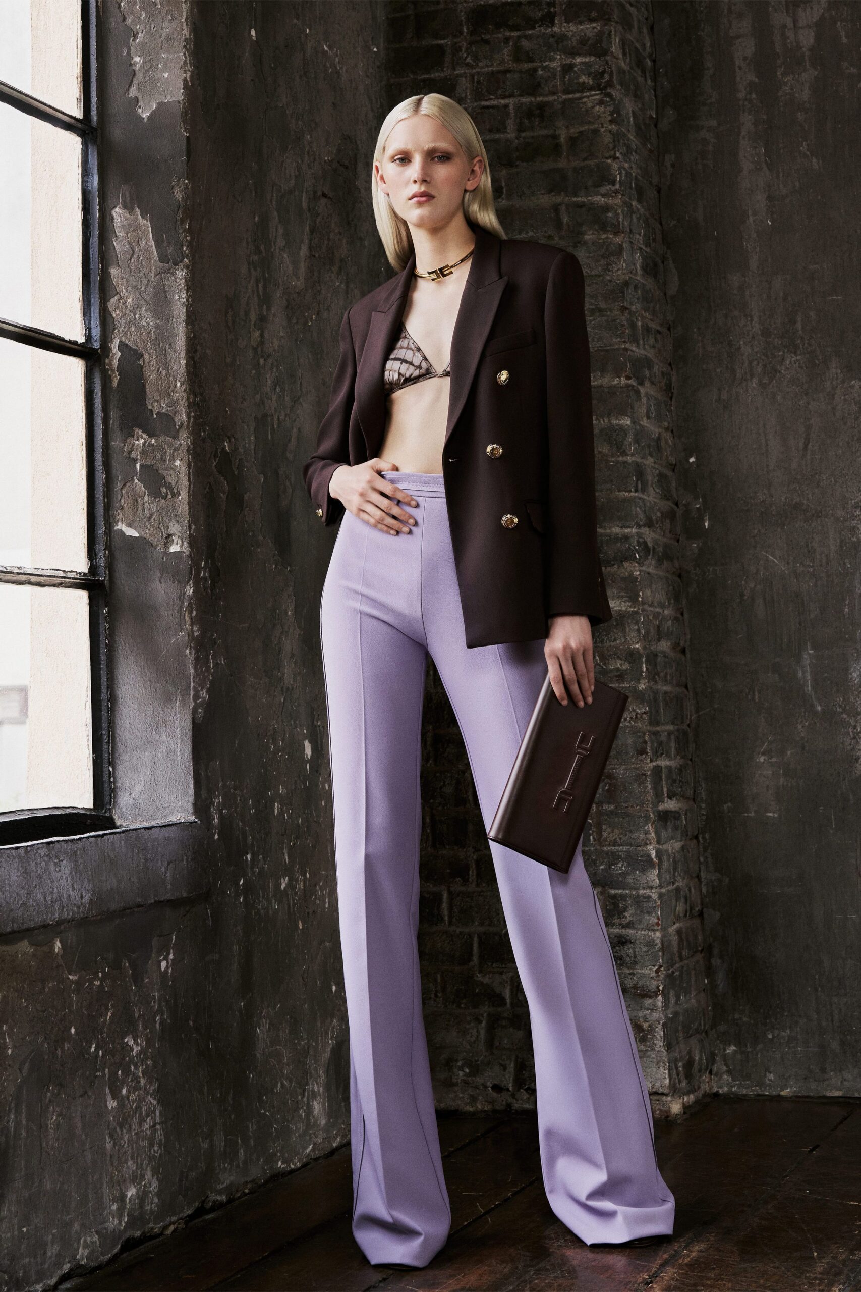 lavender cotton fitted high-waisted flared pants