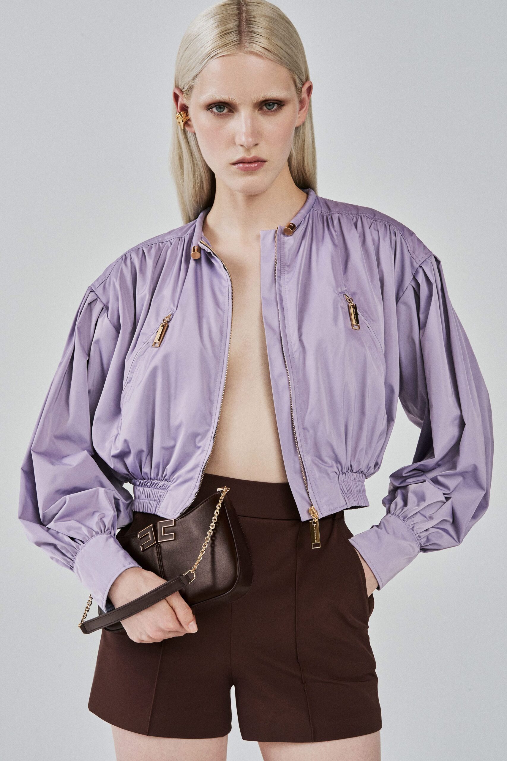 purple cotton long-sleeve collared fitted zippered cropped jacket