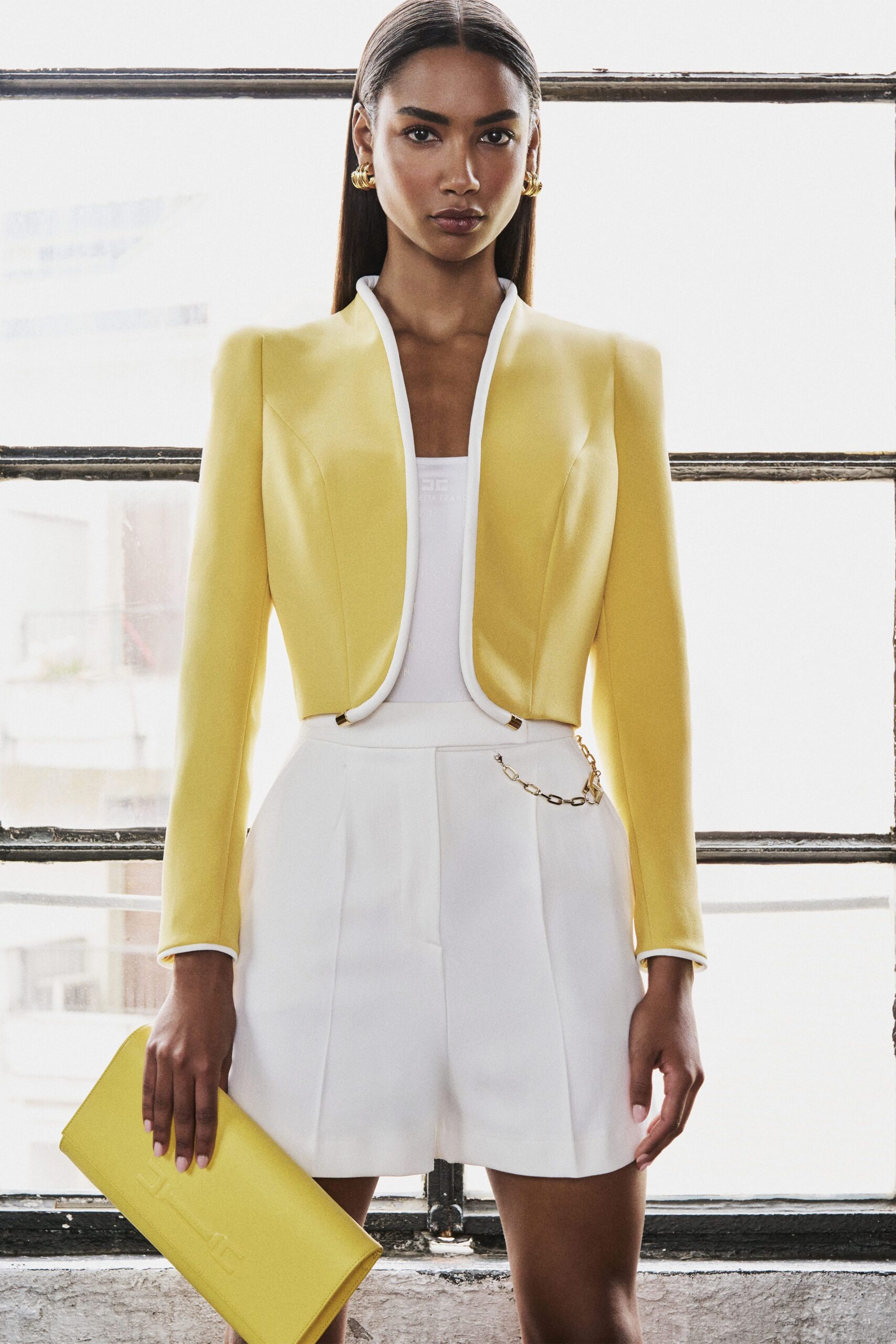 yellow cotton long-sleeve collared structured blazer