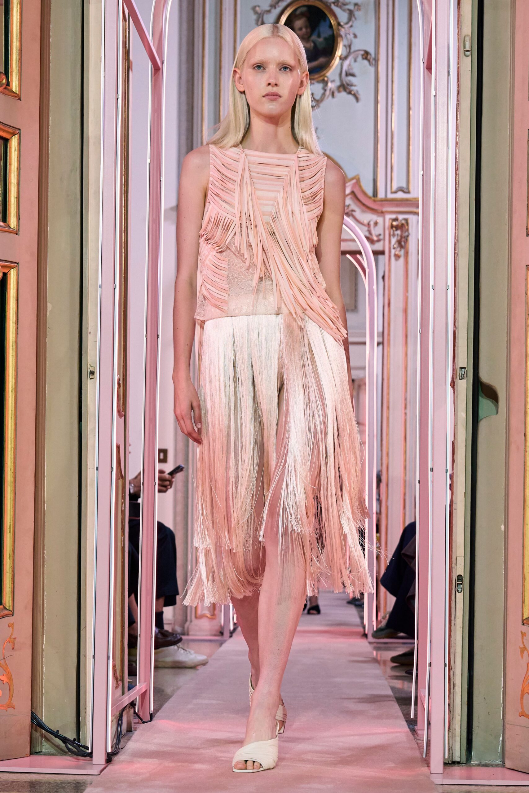 pink silk sleeveless v-neck fitted fringed layered dress