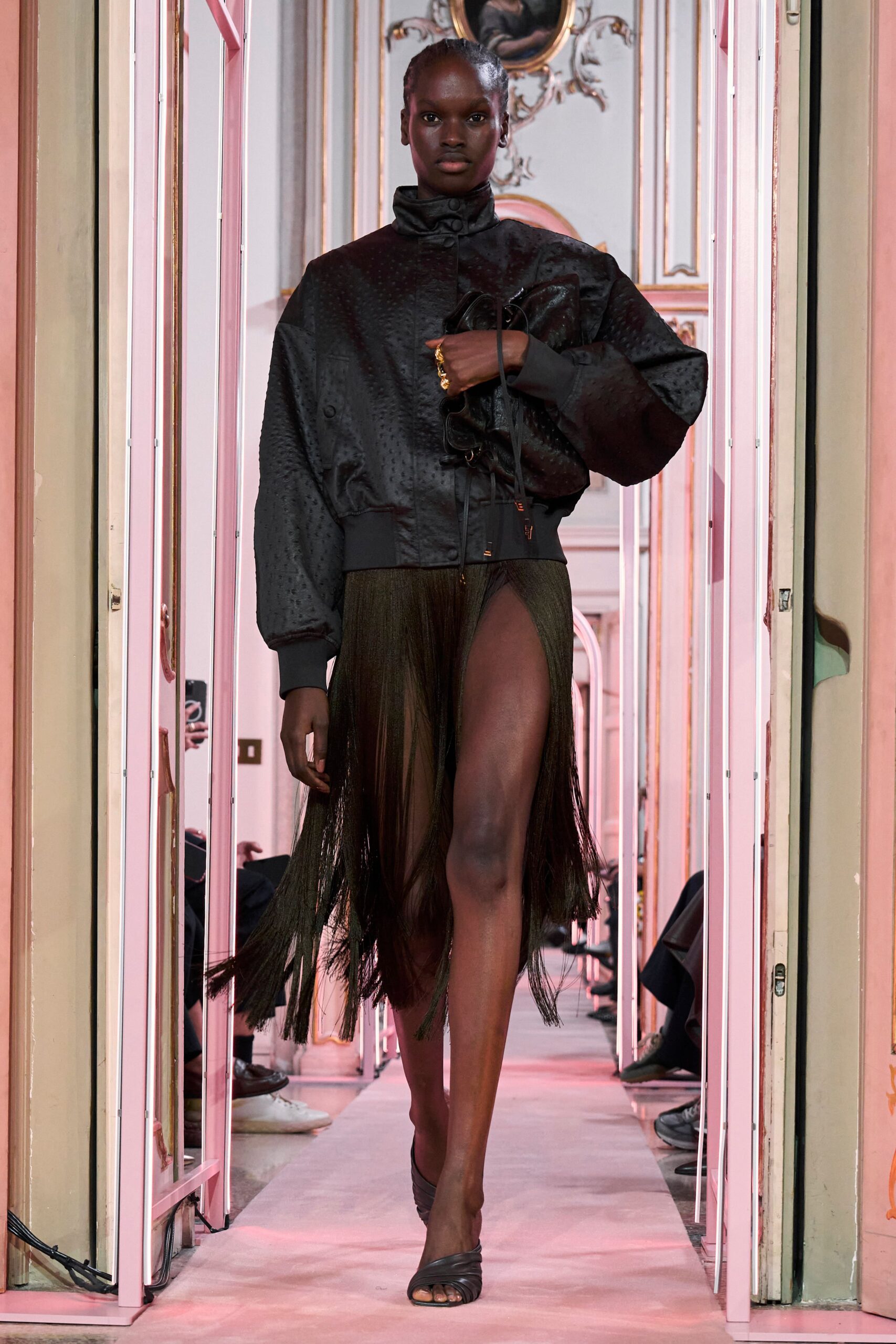 green silk slit fitted high-waisted fringed skirt