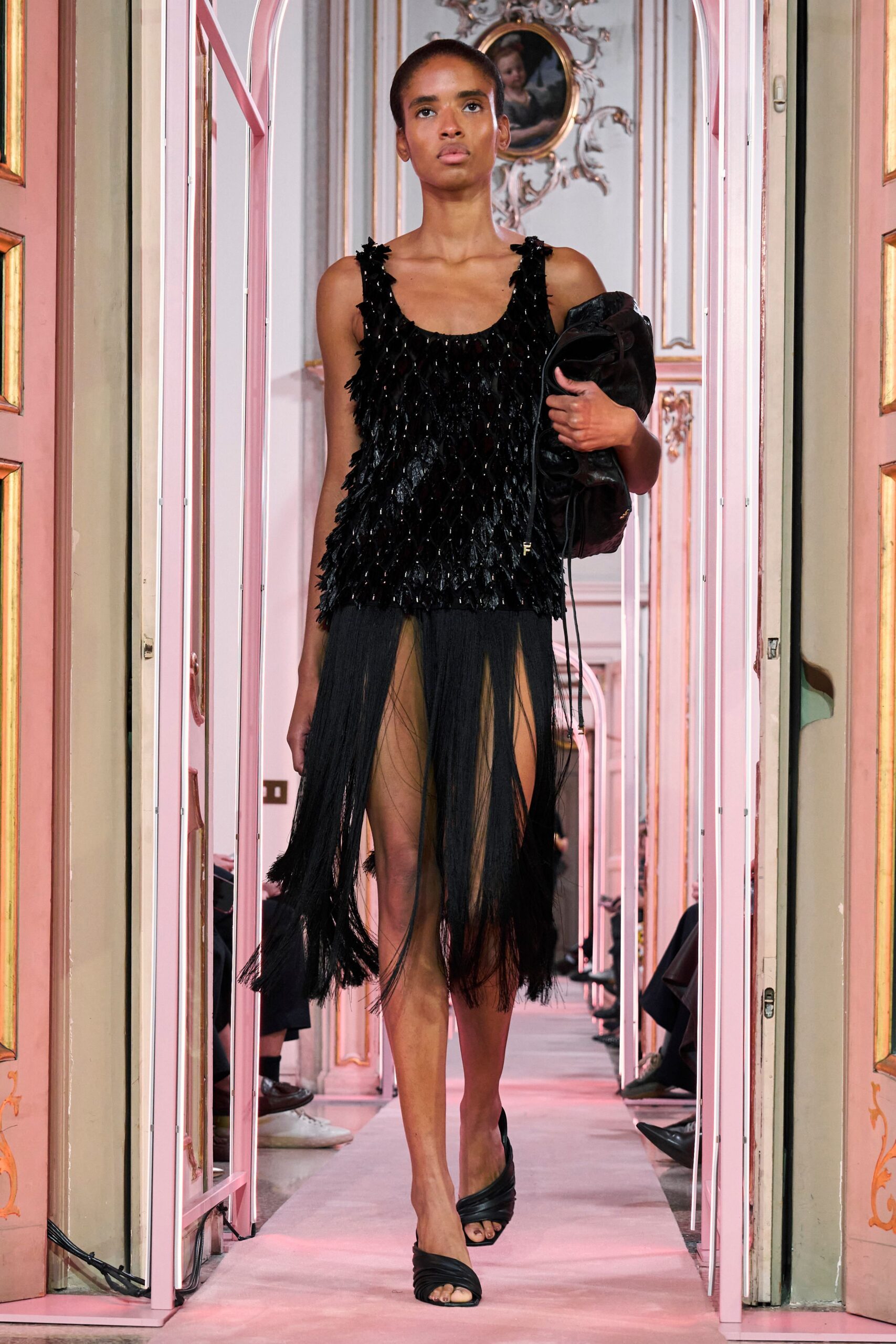 black silk sleeveless v-neck fitted fringed embellished dress