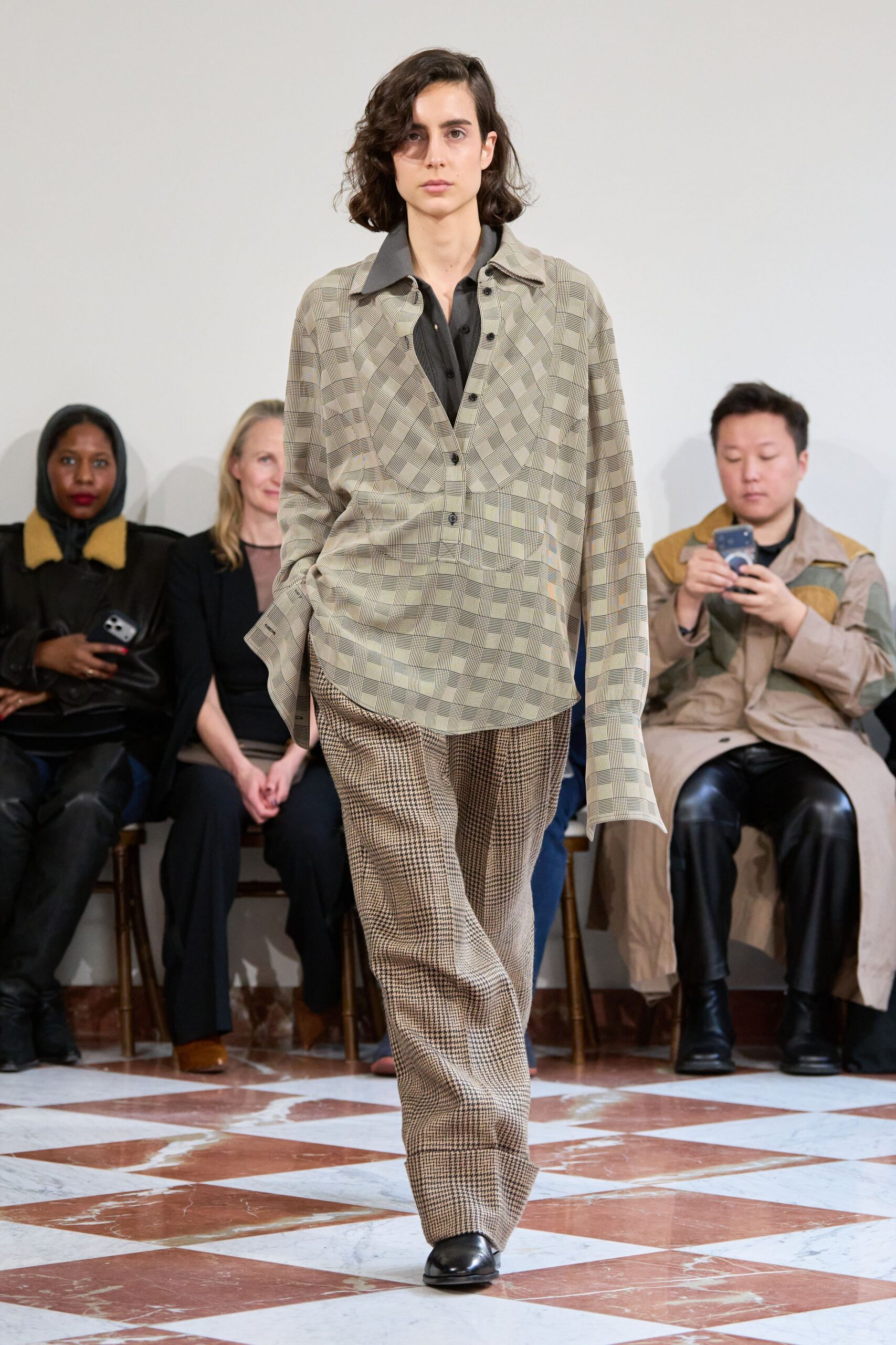 beige checked shirt and pants