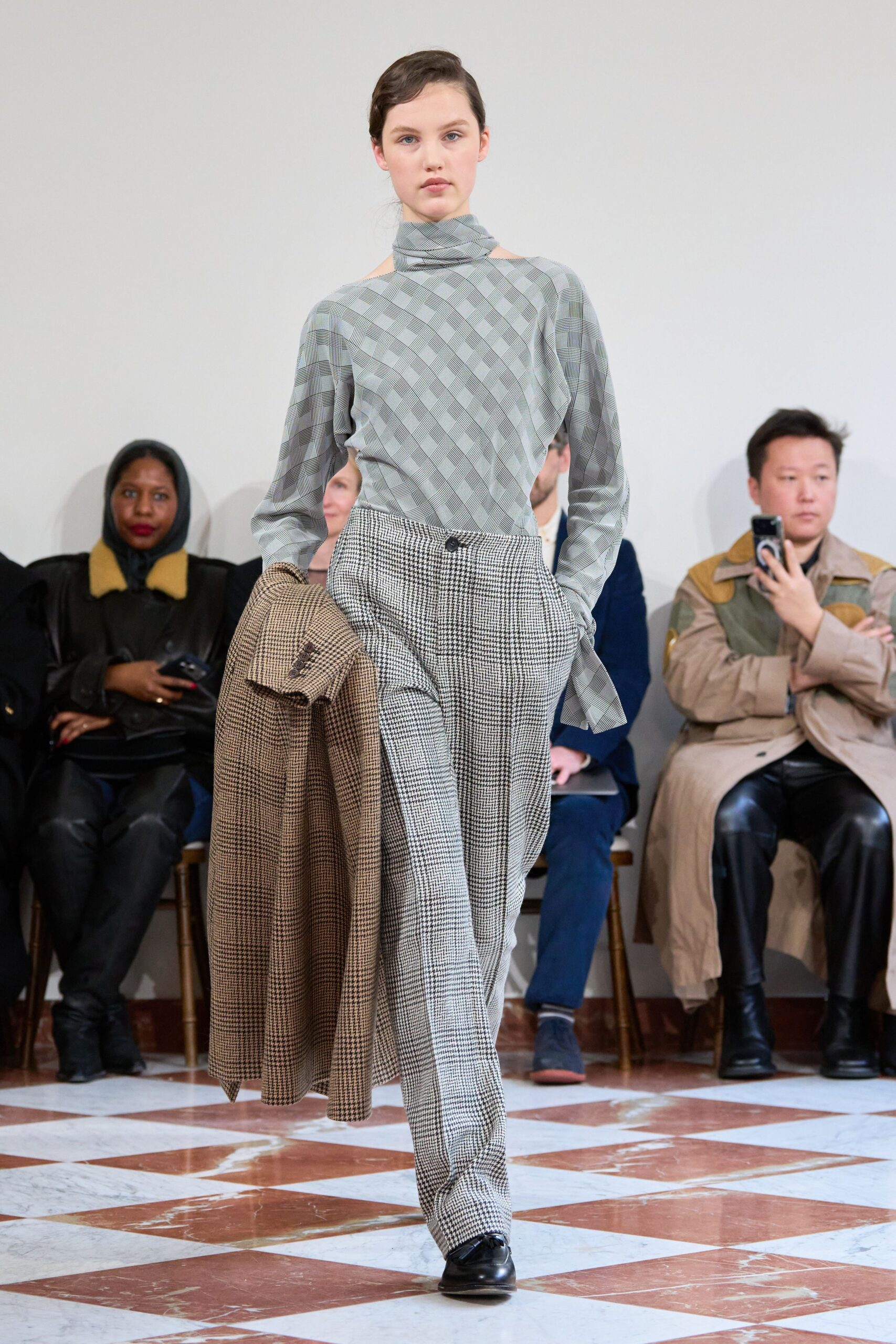 brown cotton long-sleeve structured checked coat