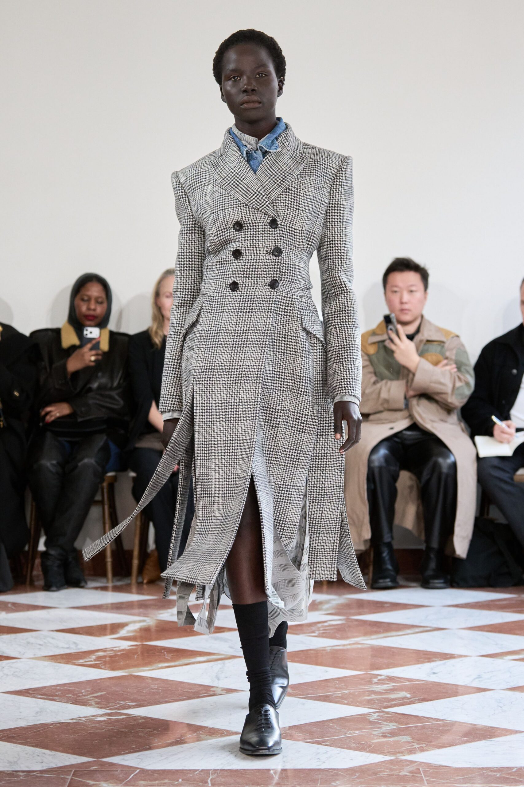 black wool long-sleeve collared structured checked midi coat