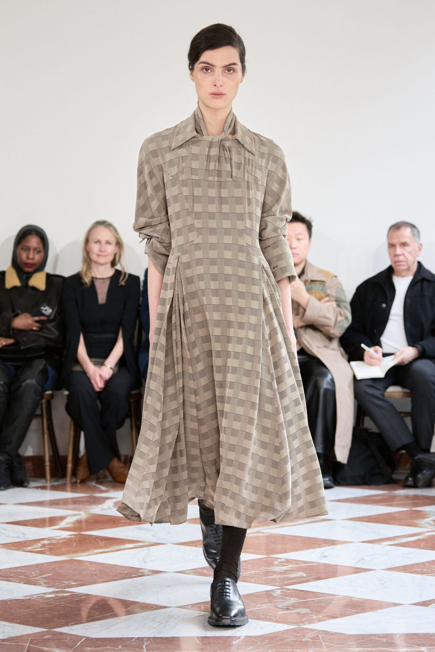 beige cotton long-sleeve collared relaxed checked pleated dress