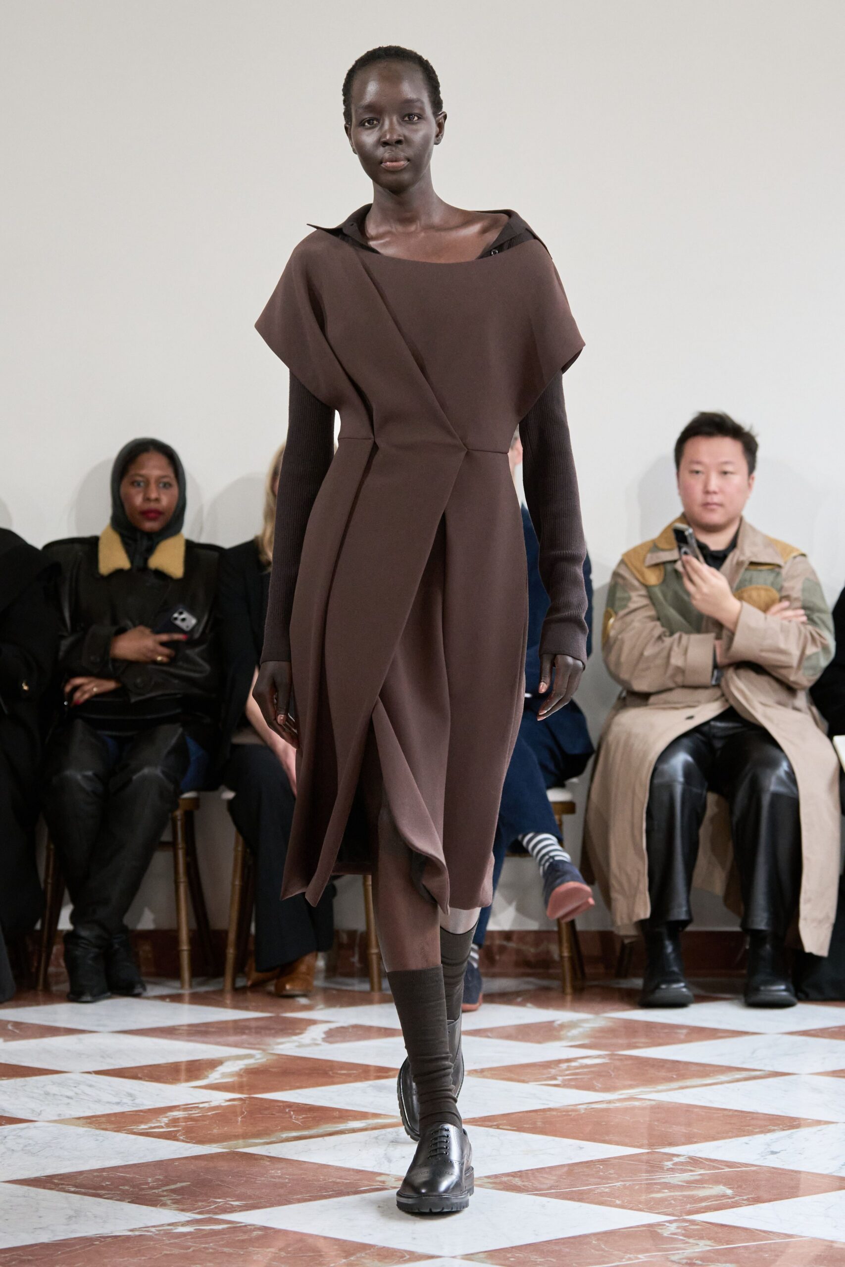 brown wool long-sleeve v-neck fitted draped midi dress