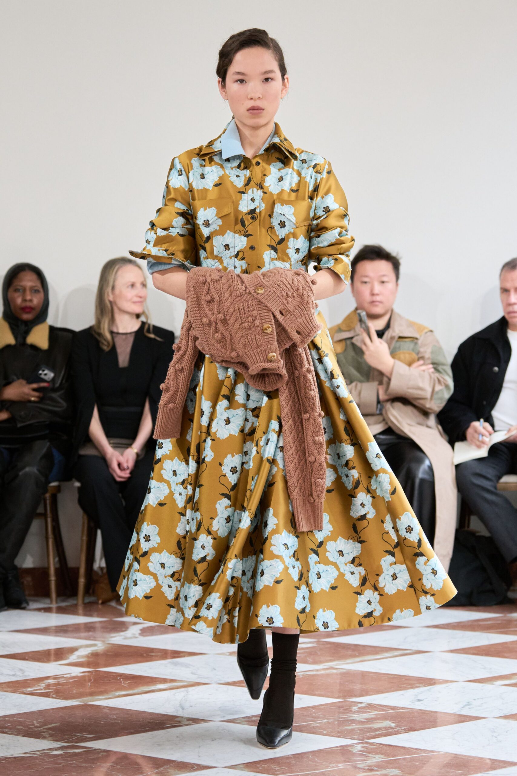 yellow cotton long-sleeve collared fitted floral tiered dress