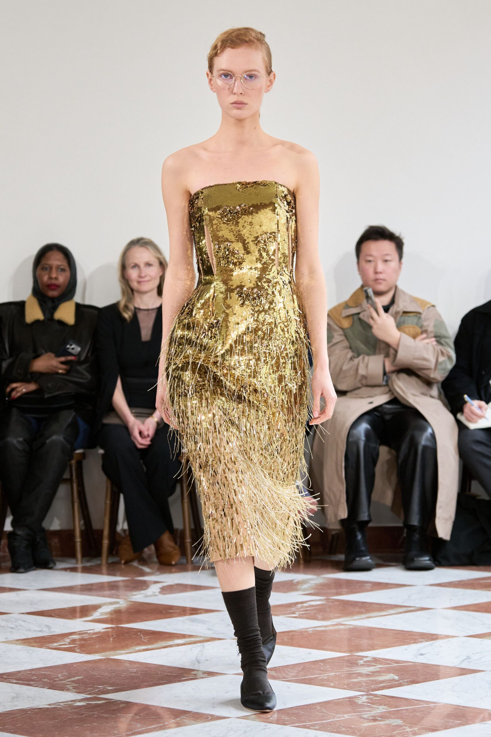 gold sequin strapless dress