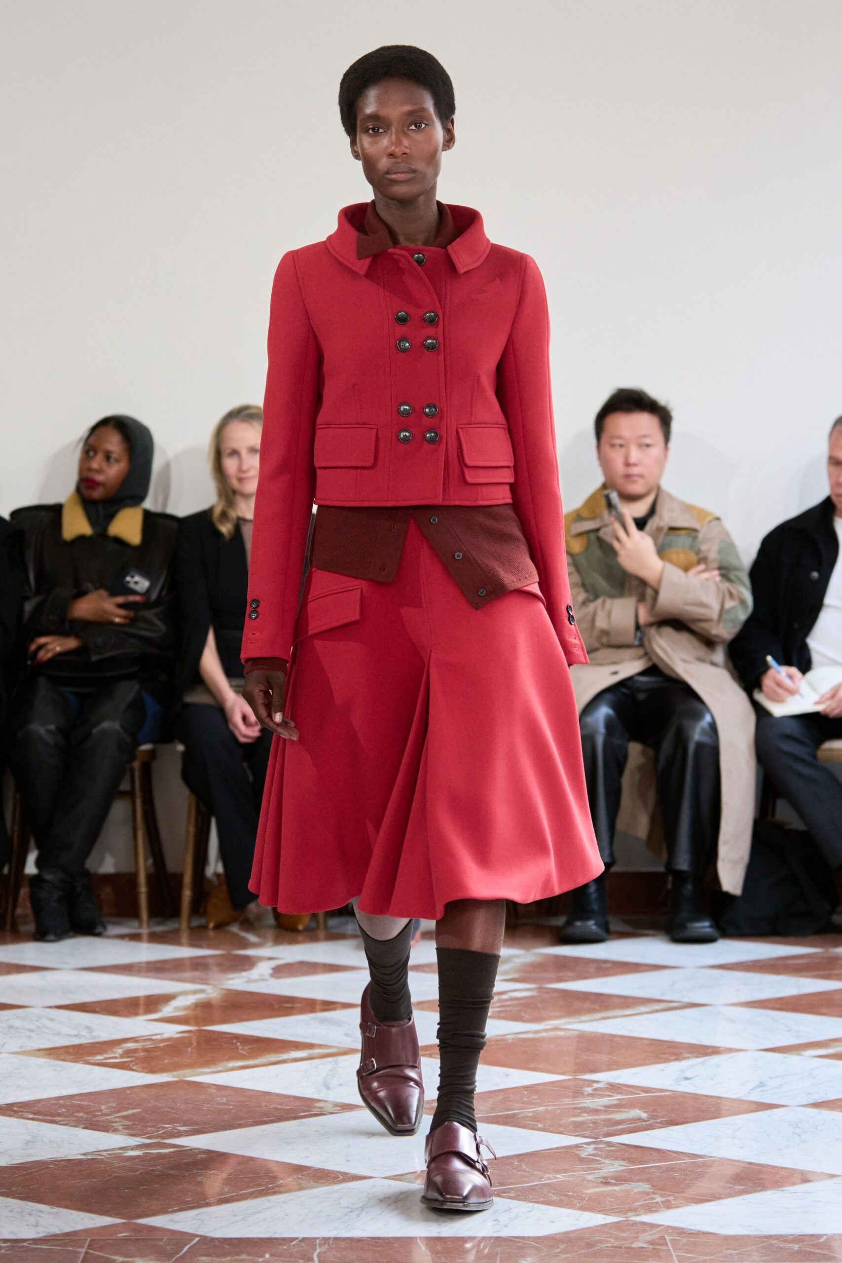 red wool fitted a-line midi skirt