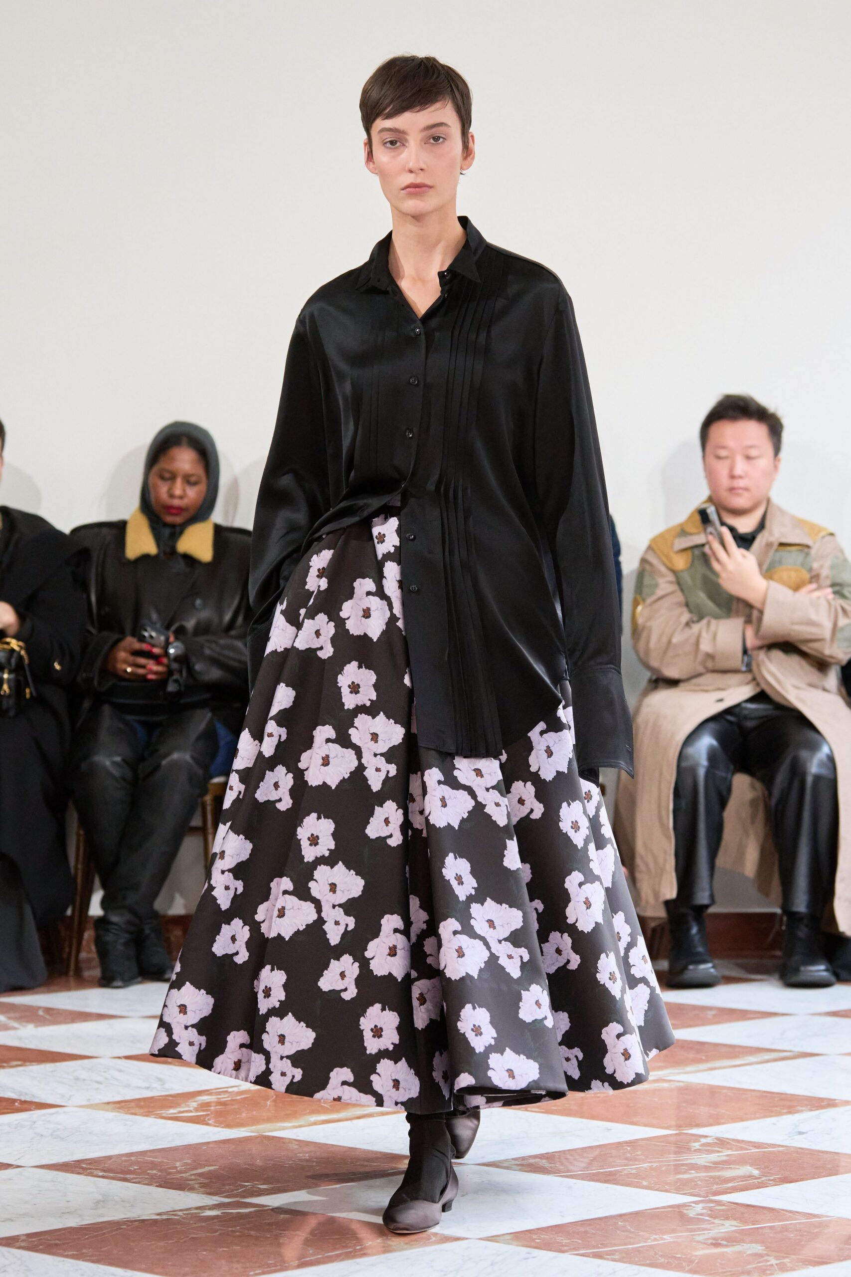 black silk long-sleeve collared relaxed buttoned shirt