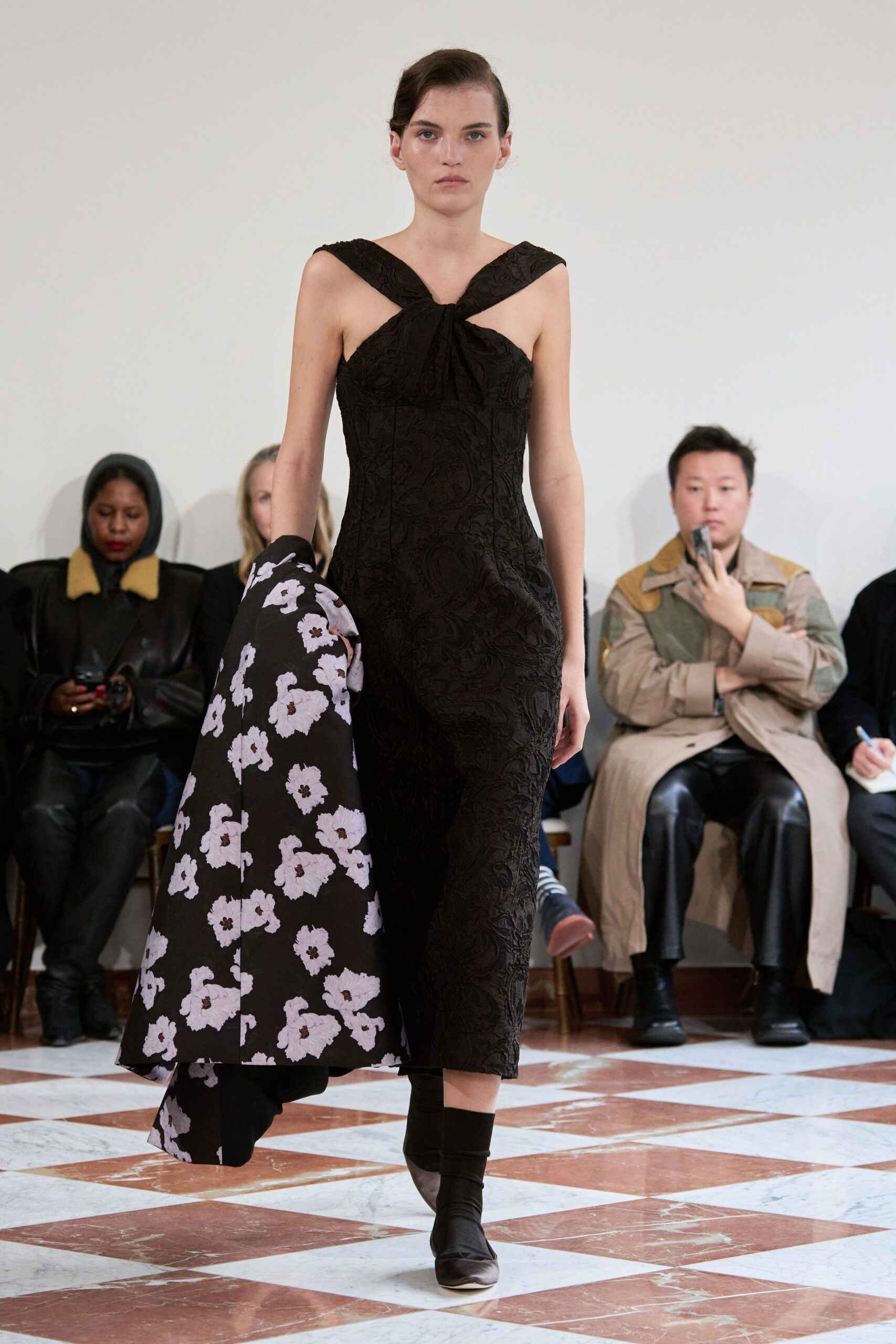 black embroidered midi dress with floral coat