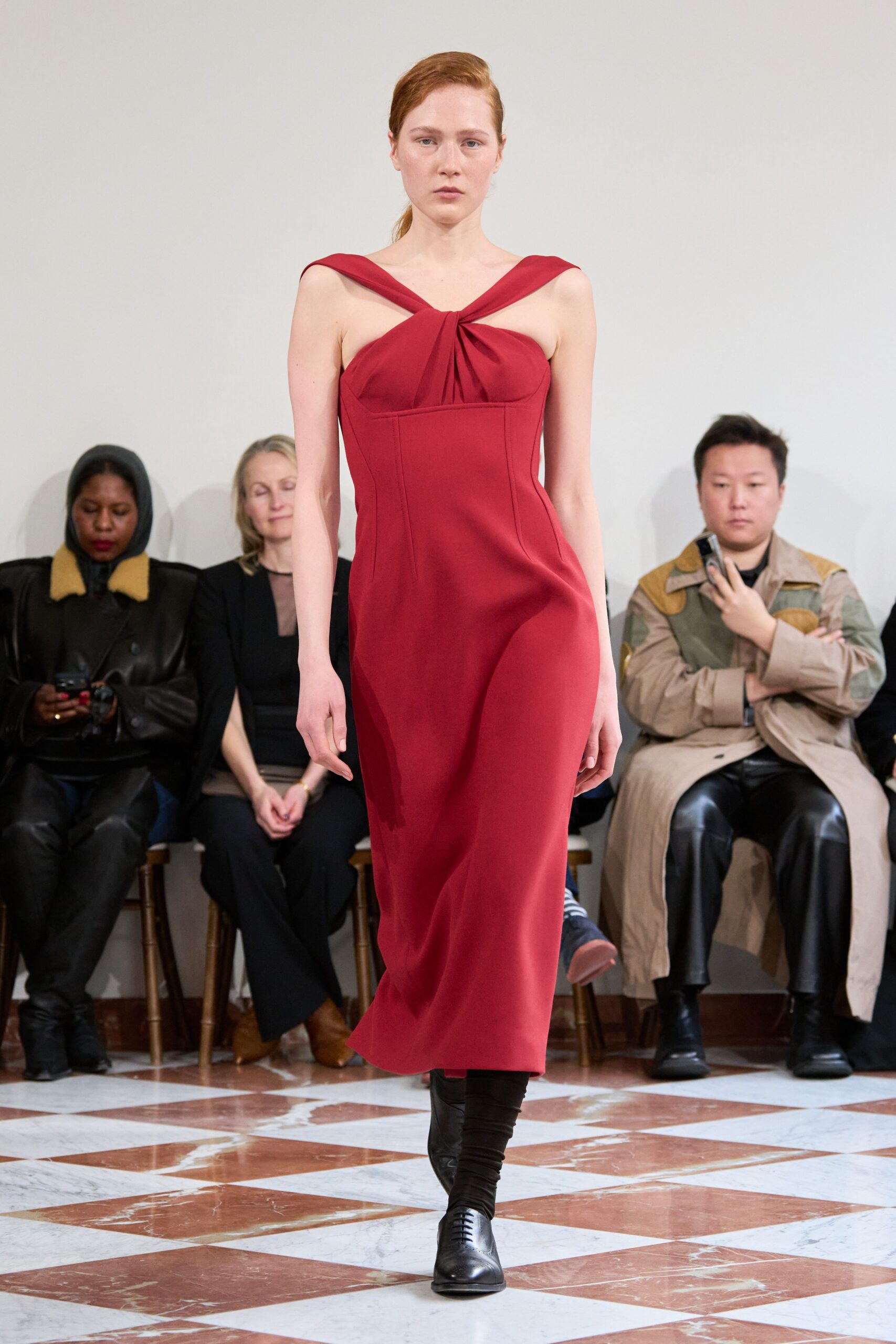 red silk sleeveless v-neck fitted draped midi dress