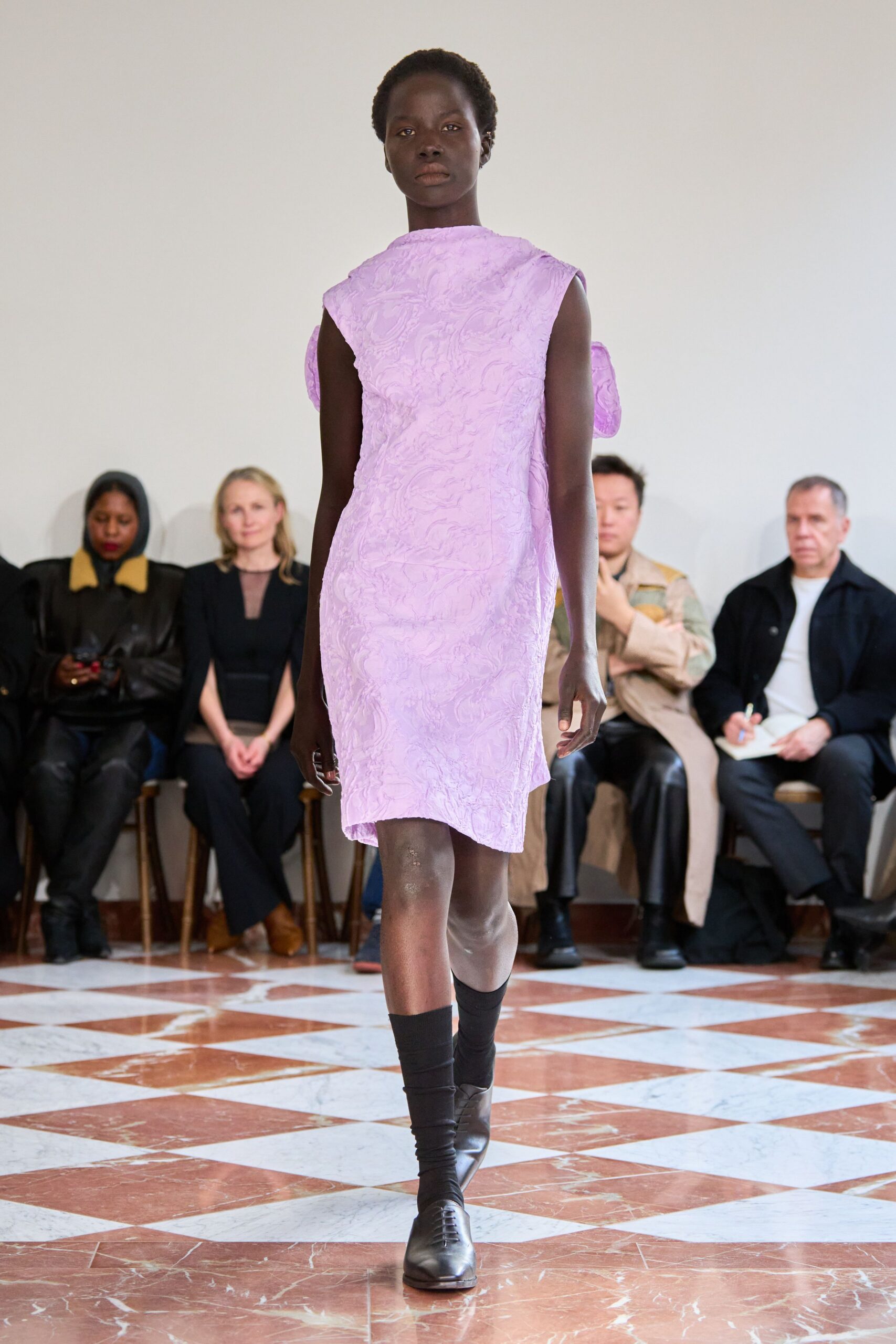 purple silk sleeveless high-neck fitted textured mini dress