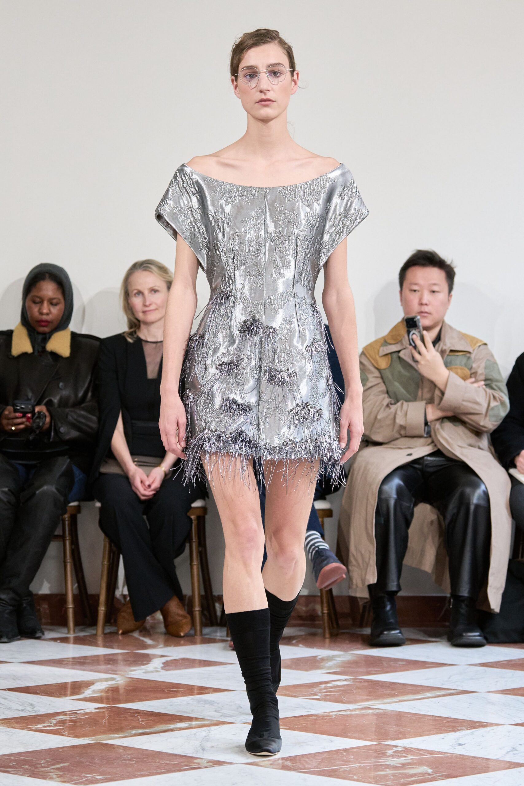 gray metallic off-shoulder fitted fringed shiny mini dress