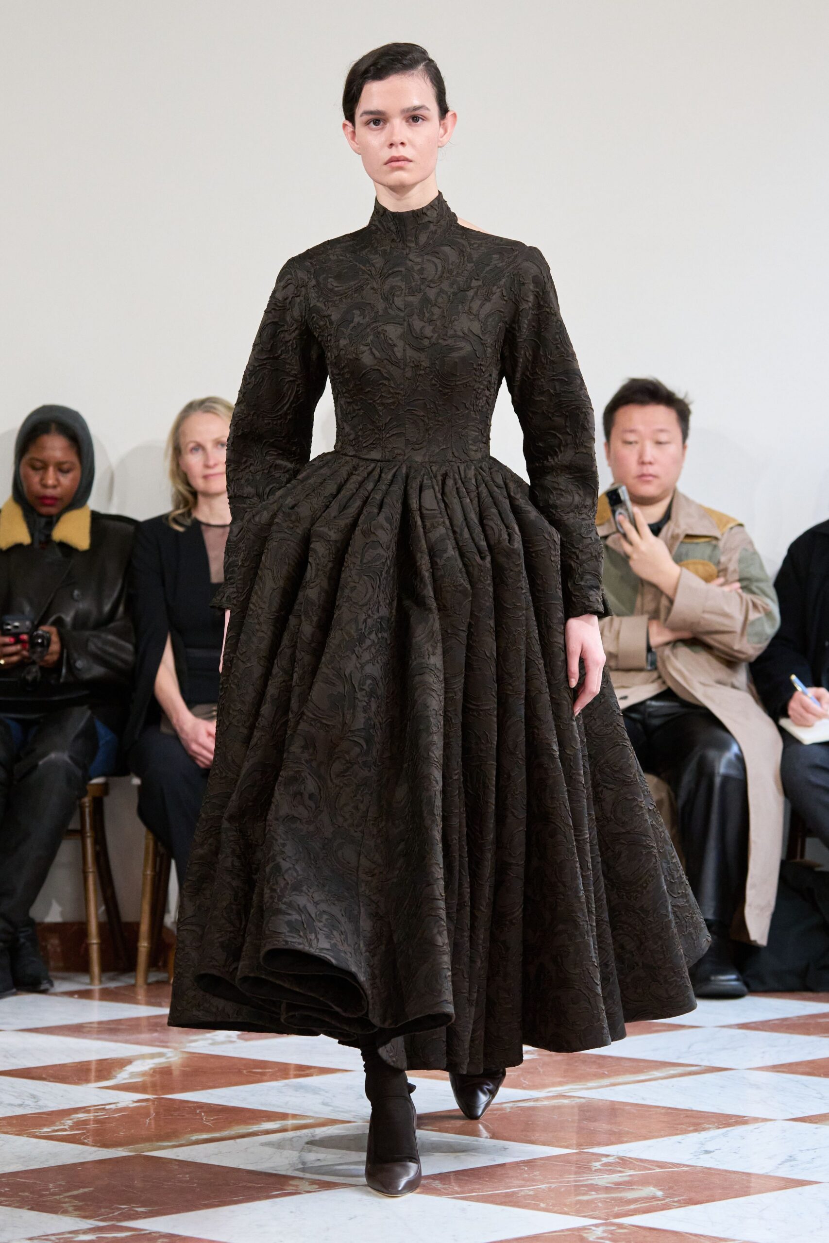 brown silk long-sleeve gown