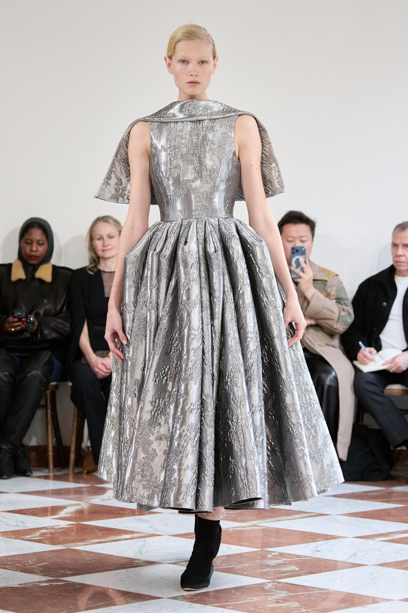 gray silk sleeveless high-neck fitted pleated embellished dress