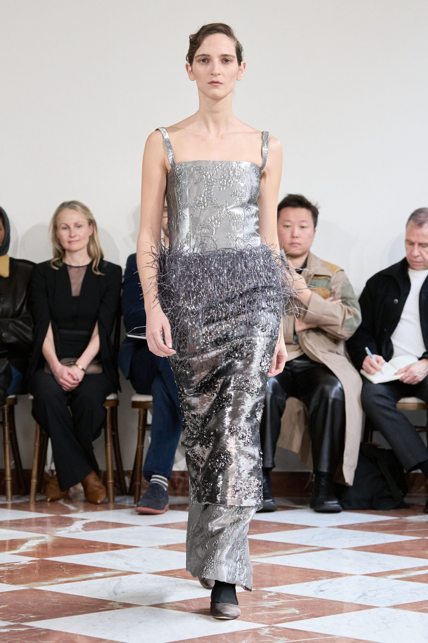 gray silk sleeveless v-neck fitted embellished tiered gown