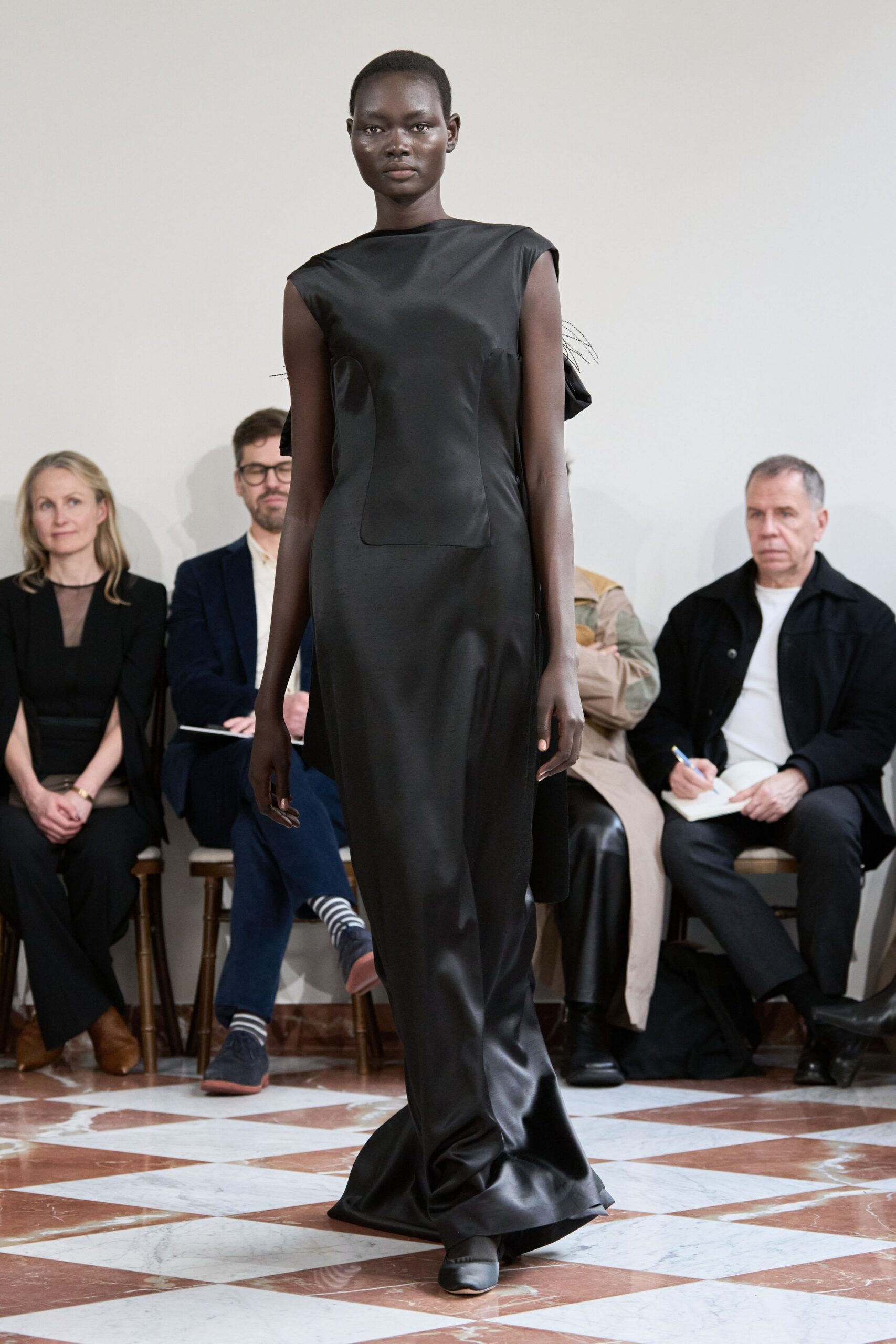 black silk sleeveless high-neck fitted shiny maxi gown