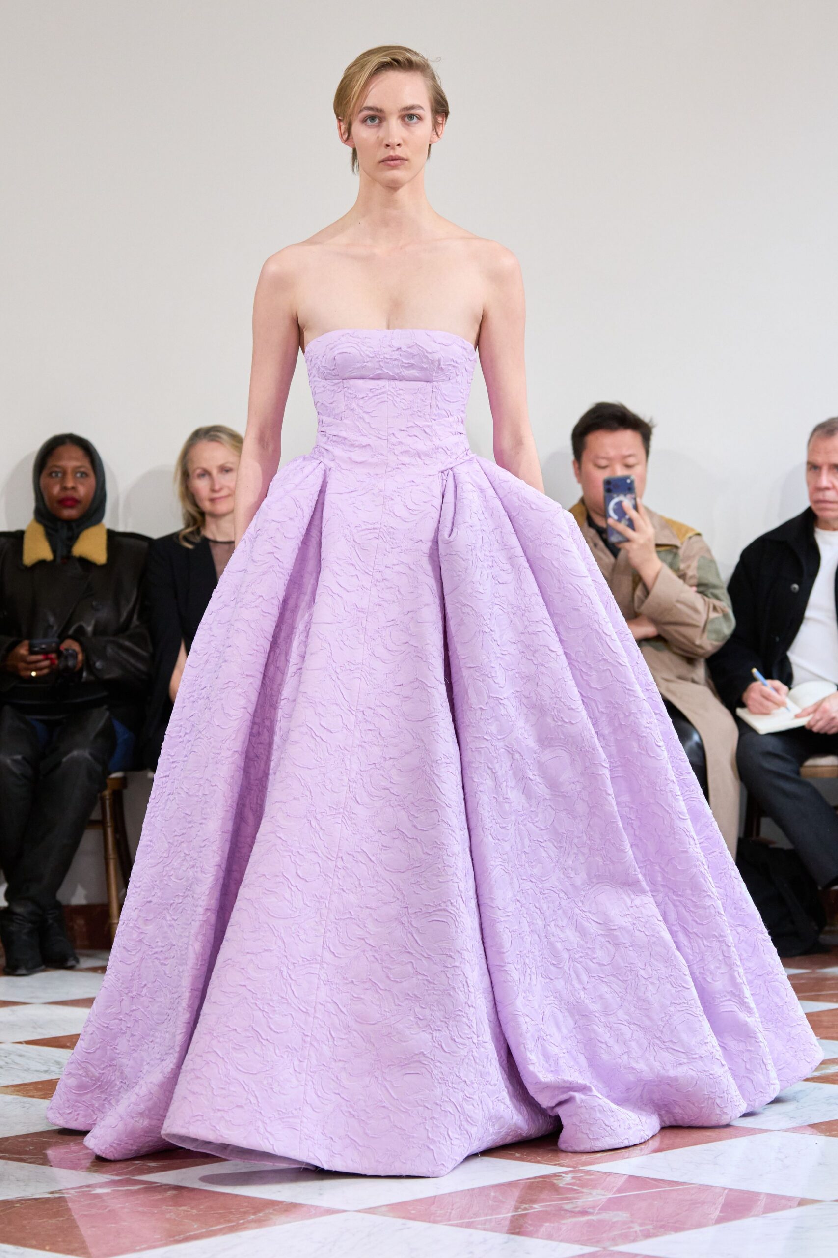 lavender silk strapless gown