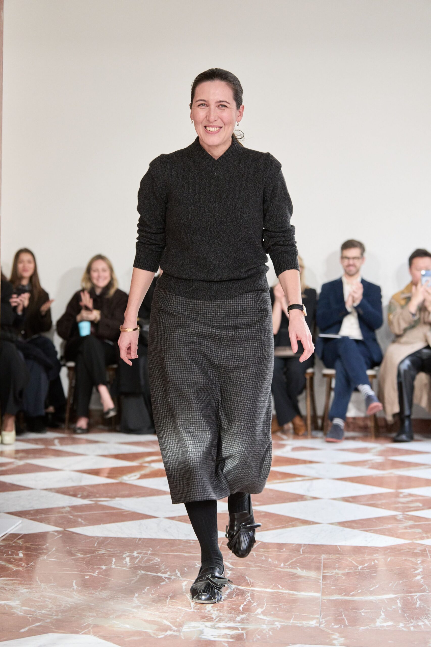 black wool sweater gray pants