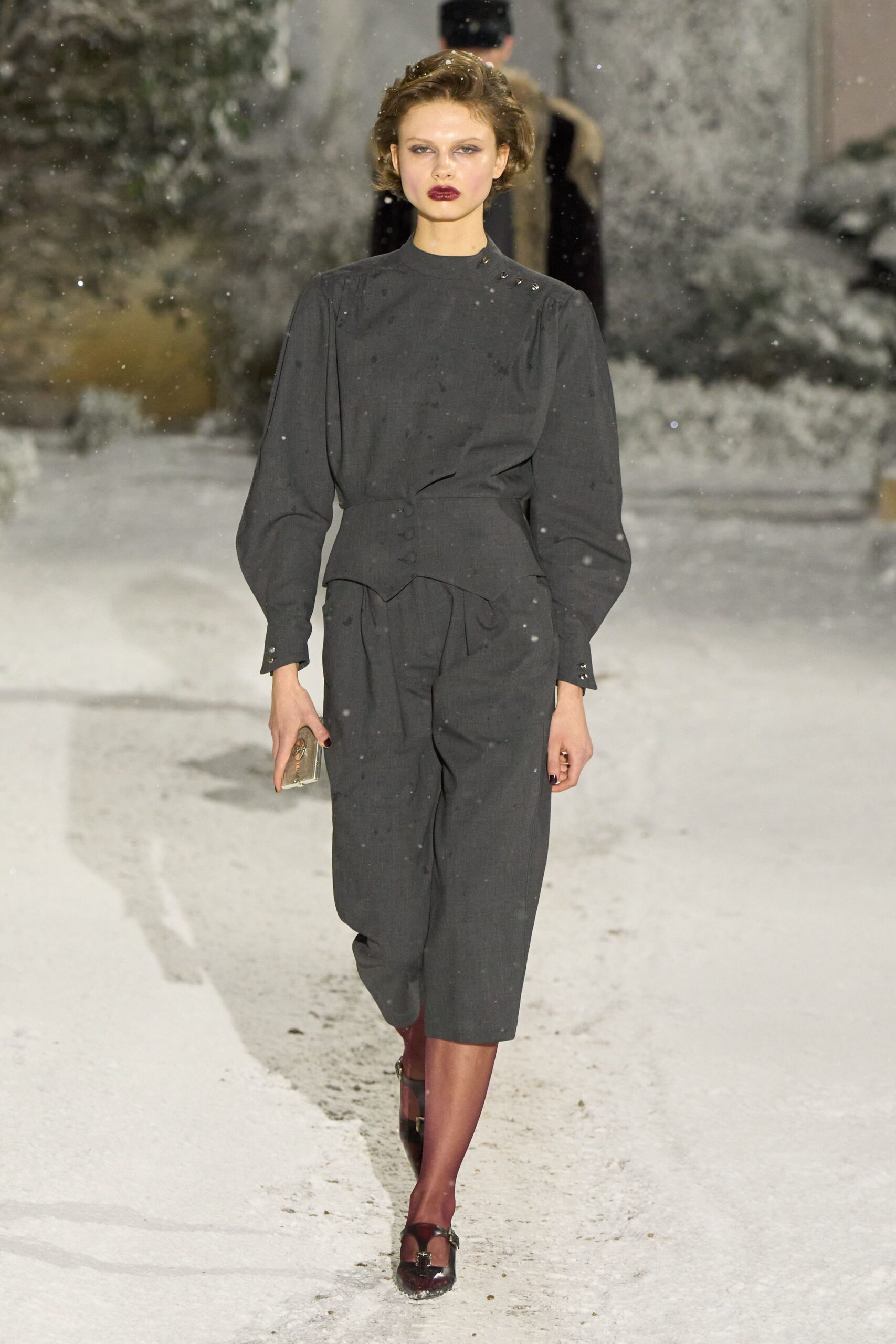 gray cotton long-sleeve collared fitted buttoned pleated jumpsuit