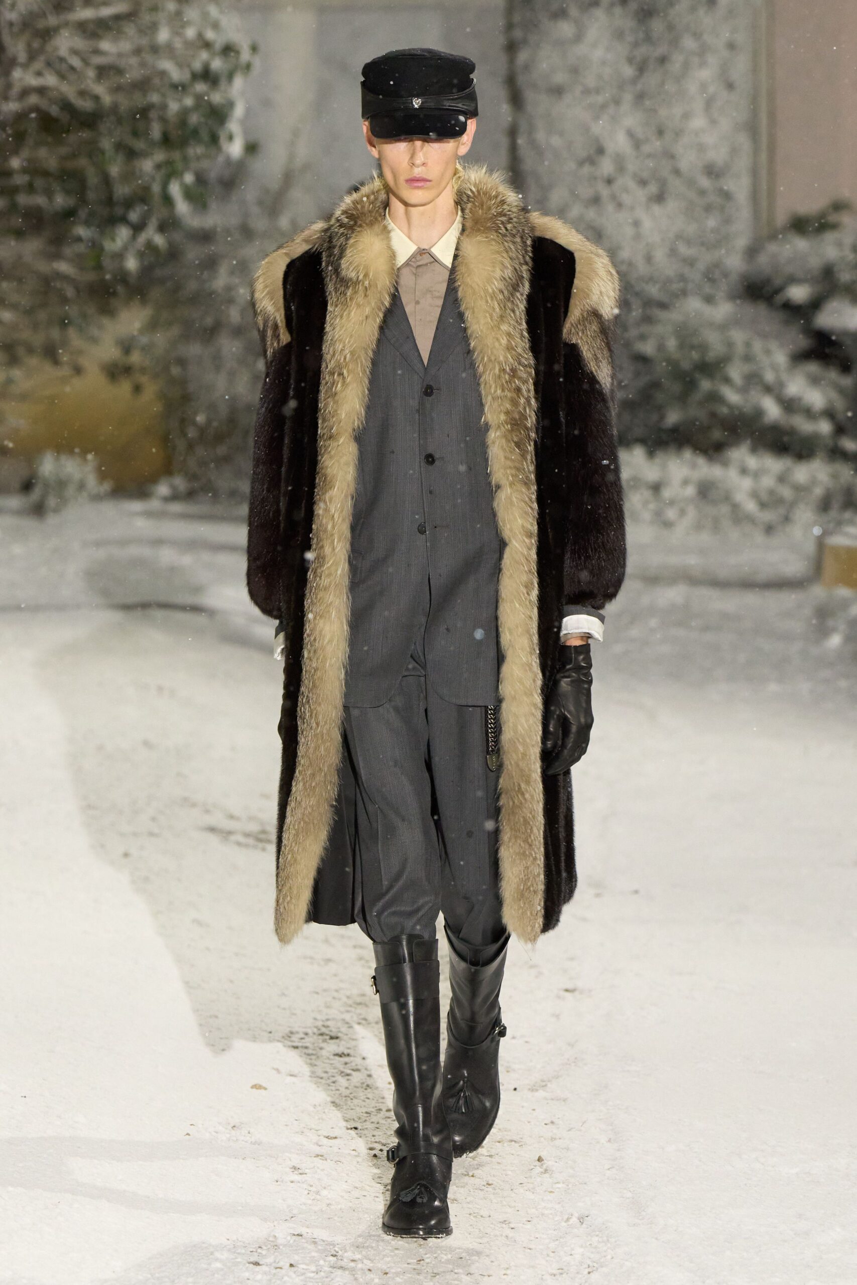black fur coat gray suit
