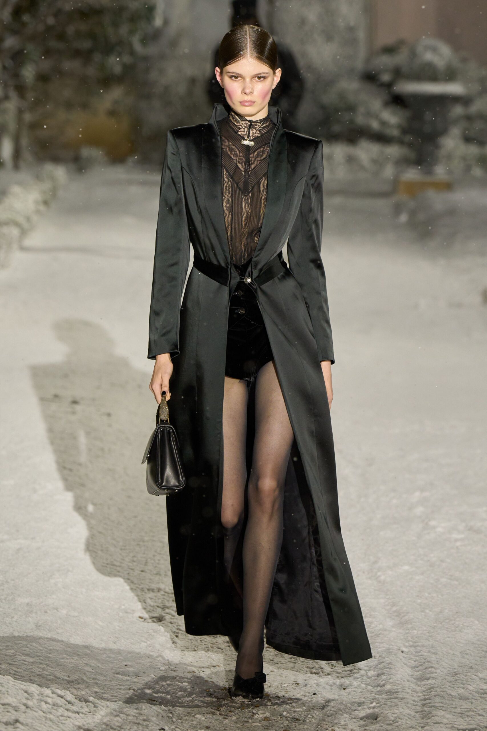 black silk long-sleeve v-neck fitted layered shiny gown