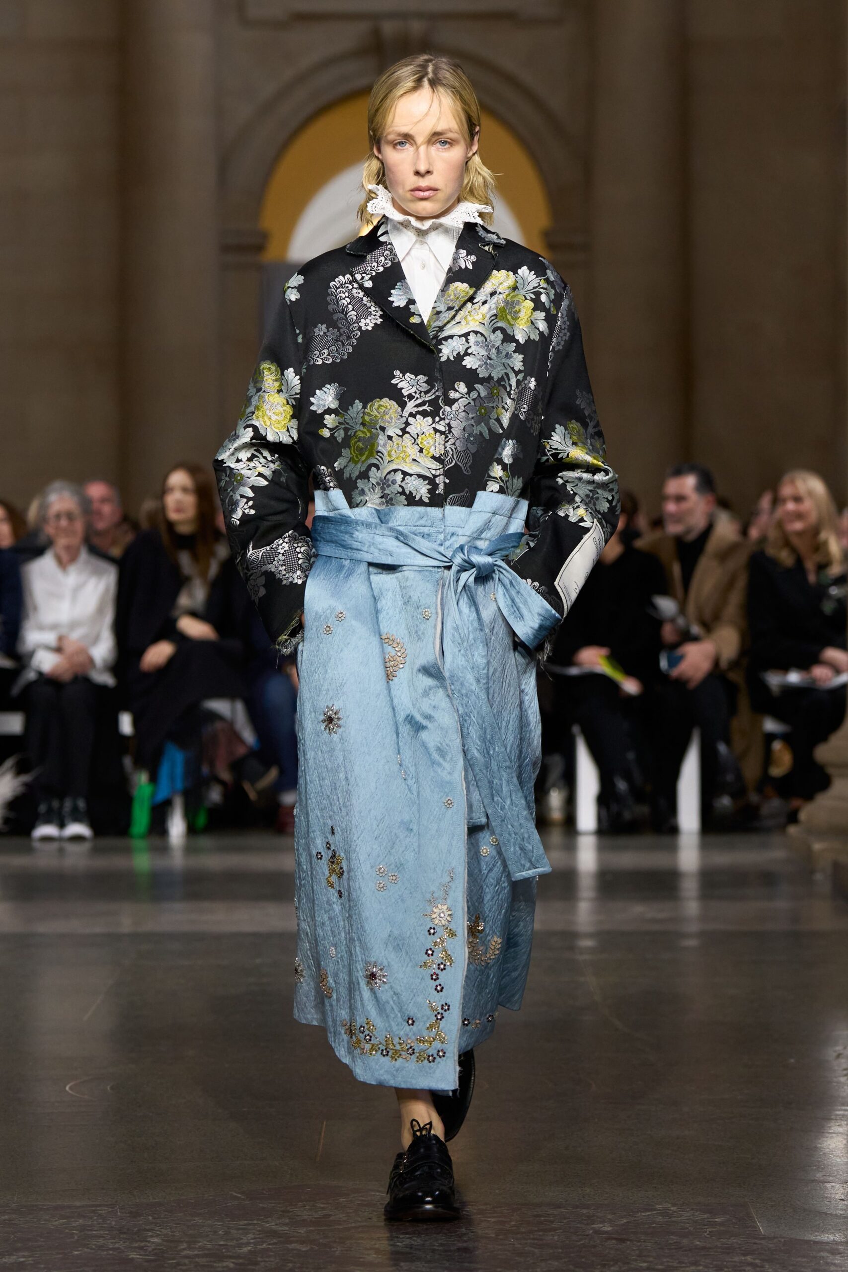 black denim long-sleeve collared relaxed floral embroidered coat