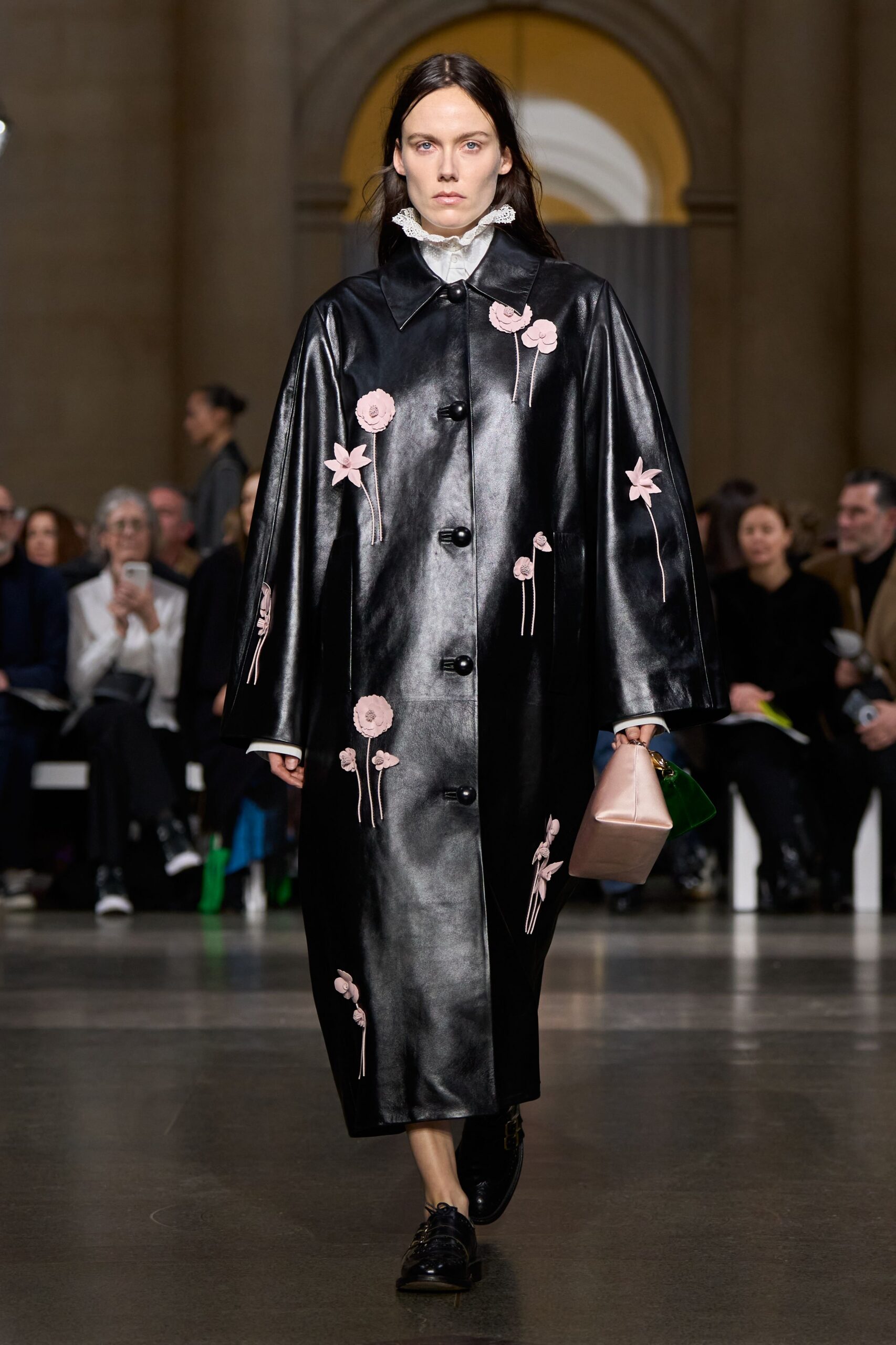 black leather long-sleeve collared relaxed embroidered midi coat