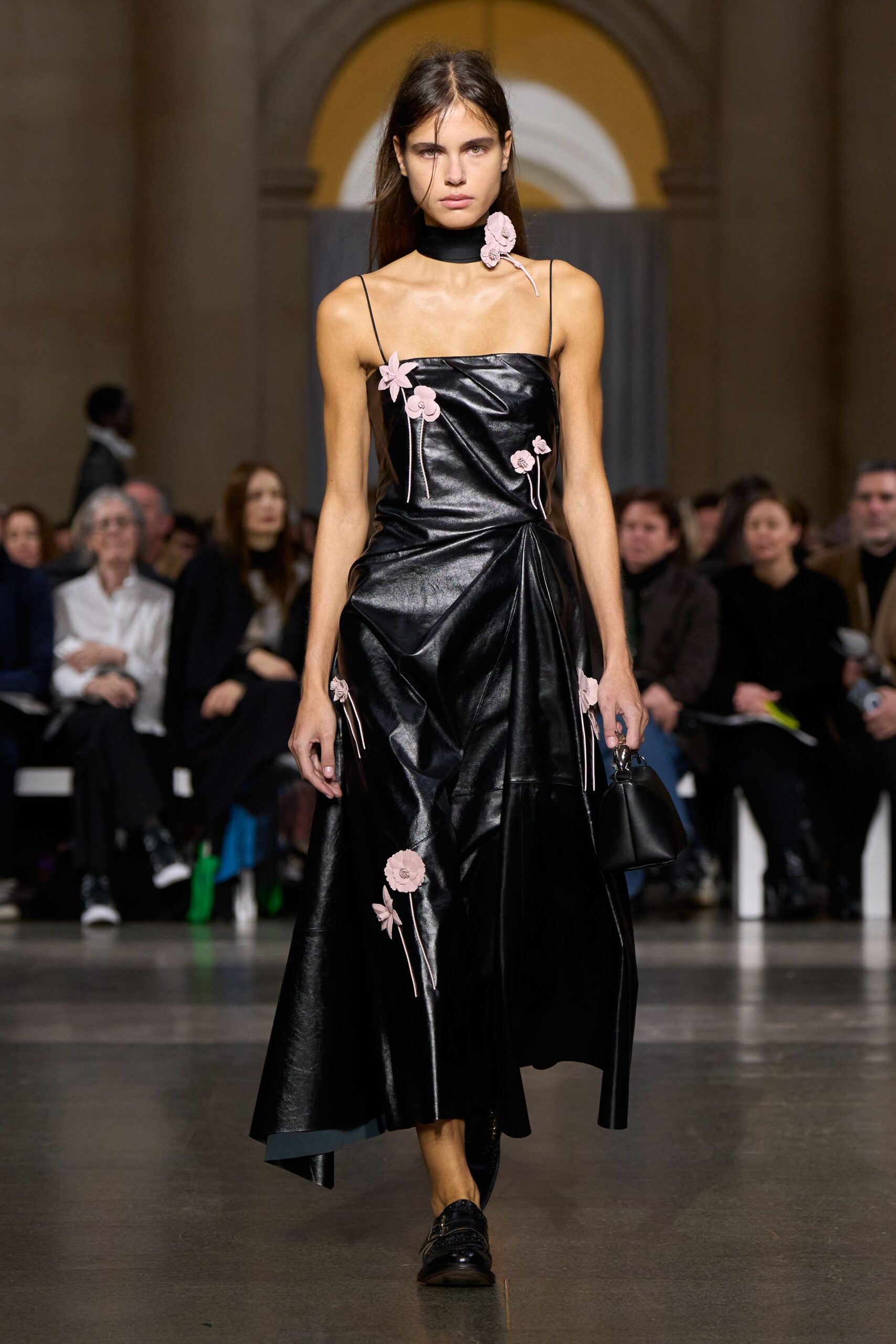 black leather sleeveless v-neck fitted layered embroidered dress