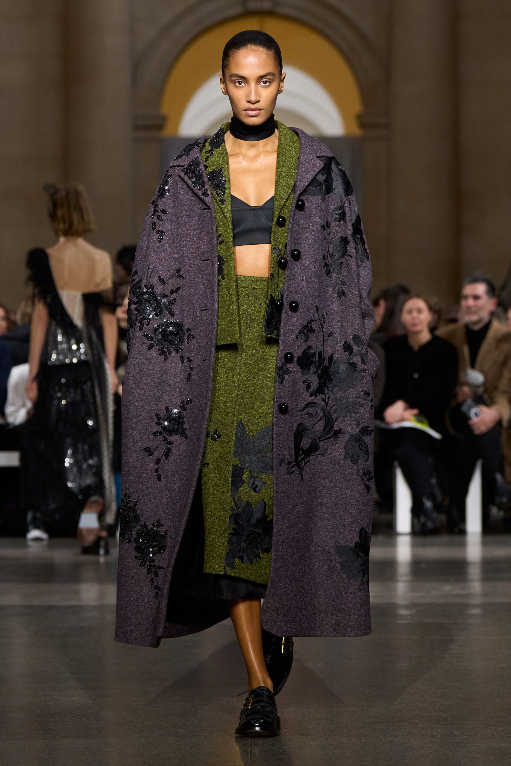 purple wool long-sleeve collared relaxed embroidered maxi coat
