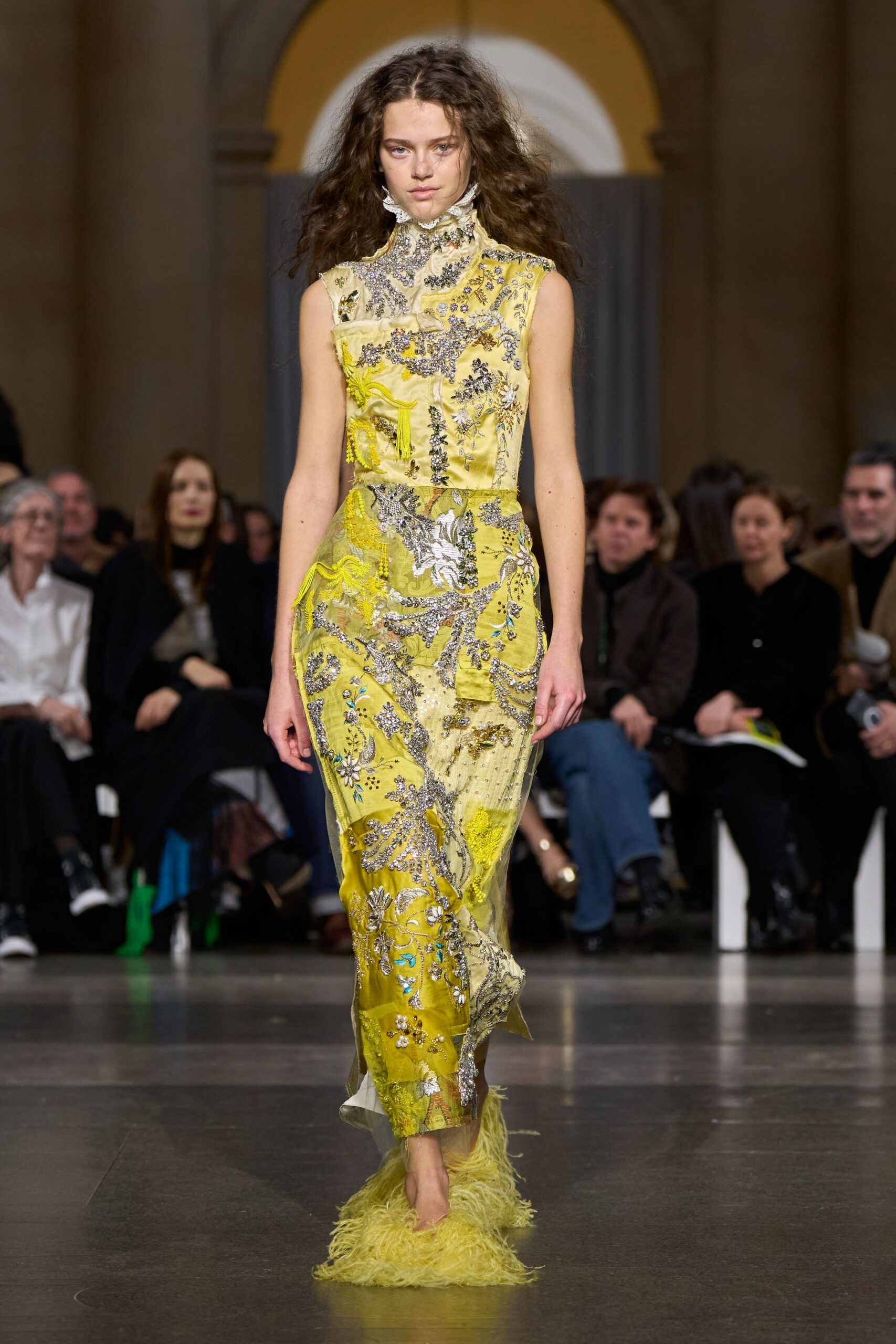 yellow embroidered sleeveless gown
