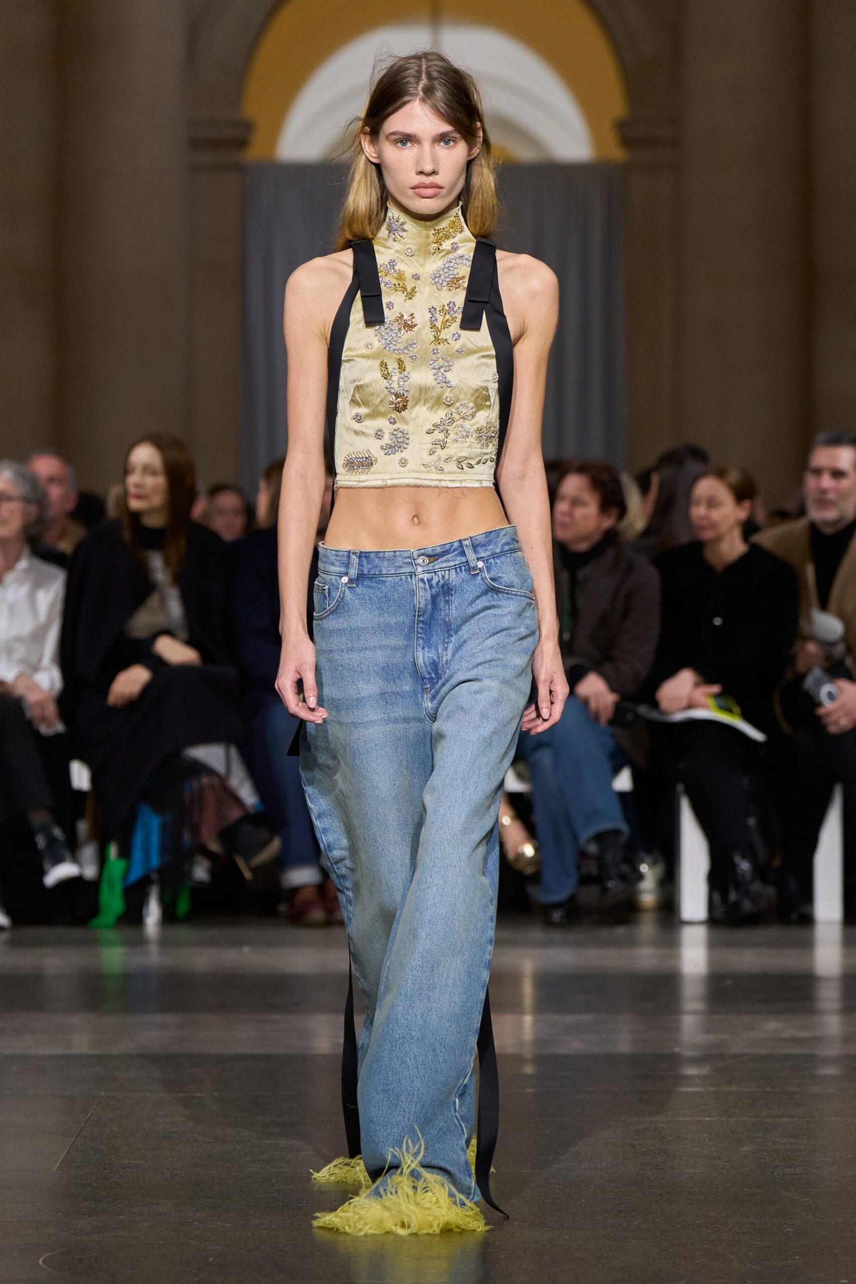 yellow silk sleeveless high-neck fitted embroidered top
