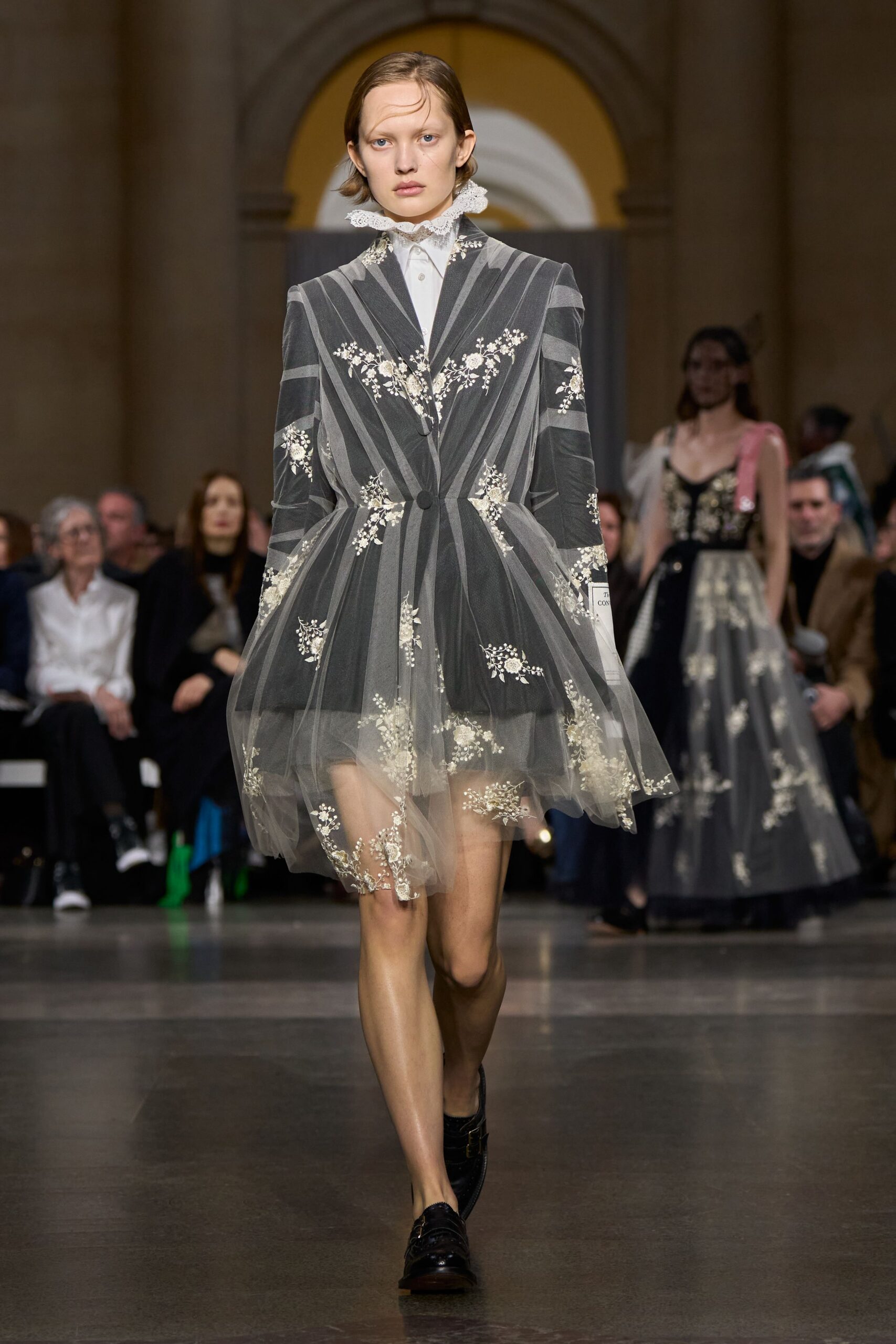 black tulle long-sleeve collared fitted embroidered layered dress
